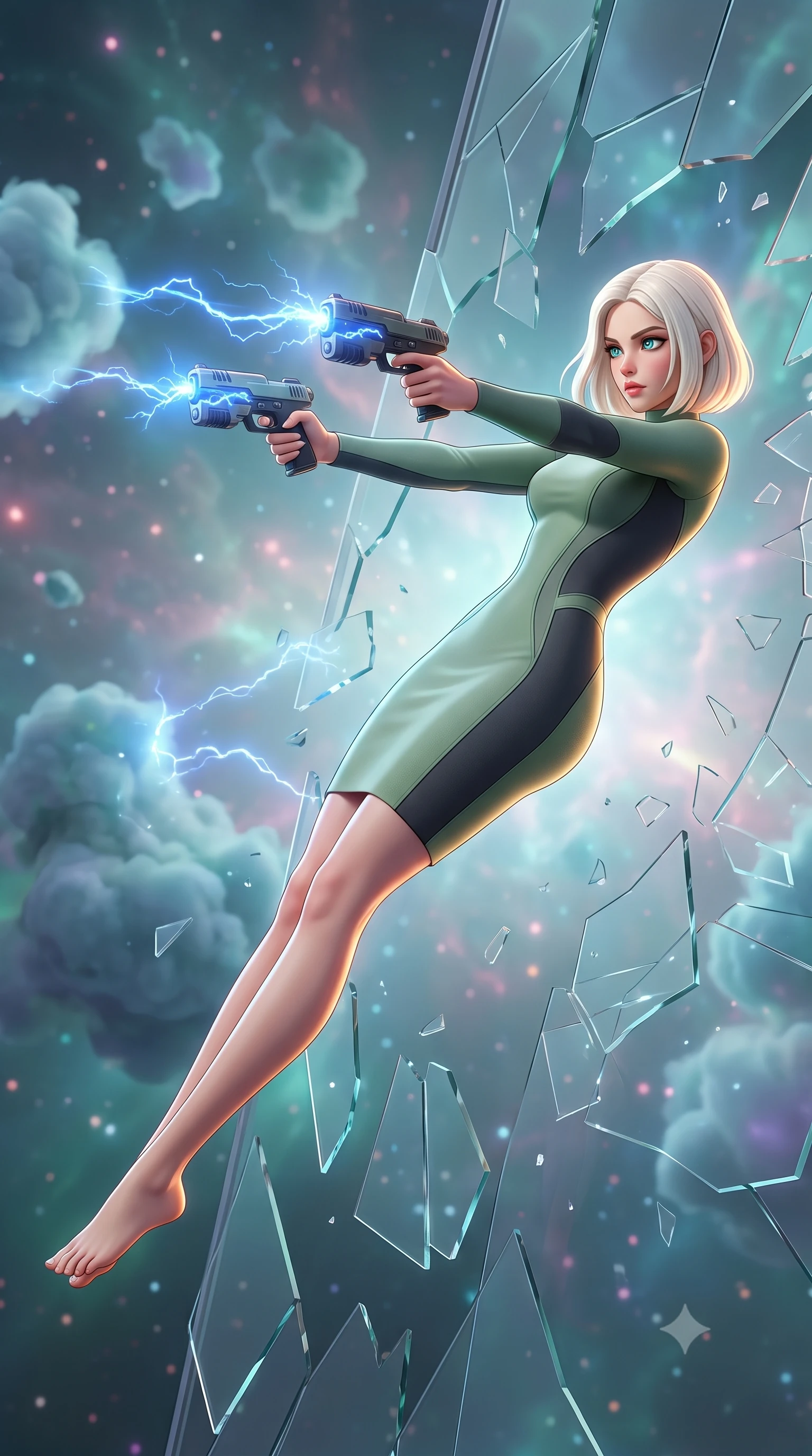 score_9, masterpiece, best quality, ultra-detailed, high-budget anime keyframe, editorial fashion photography, tasteful artistic composition, Caucasian woman, strictly human ears. low angle full-body shot from head to toe showing her feet, filling the entire 9:16 vertical frame with her statuesque presence, stretching her vertical silhouette. diving sideways through a breaking glass window while shooting her plasma blasters inside an ion storm in a nebula, blue electrical discharges arcing between floating gas clouds in space. She has a statuesque 8.5-heads proportion, an exceptionally tall, slender and willowy model-like build with impossibly long legs and a highly sculpted ultra-slim waist. sharp v-shaped jawline, high-bridge nose, intricate jewel-like eyes with depth, thick eyelashes, glossy lips with a natural sheen. wearing tailored for maximum mobility, sleek form-contouring panels that allow fluid movement, a form-contouring form-fitting athletic-cut knit dress in sage green and charcoal, with sculpted seams that trace her slender waistline. highly saturated vibrant anime colors, intense vivid color palette, soft 3D volumetric shading, volumetric dynamic lighting, soft glowing ambient light with sharp side key light tracing the sleek contours of her figure. 2k, ultra detail, master piece, 9:16 ratio