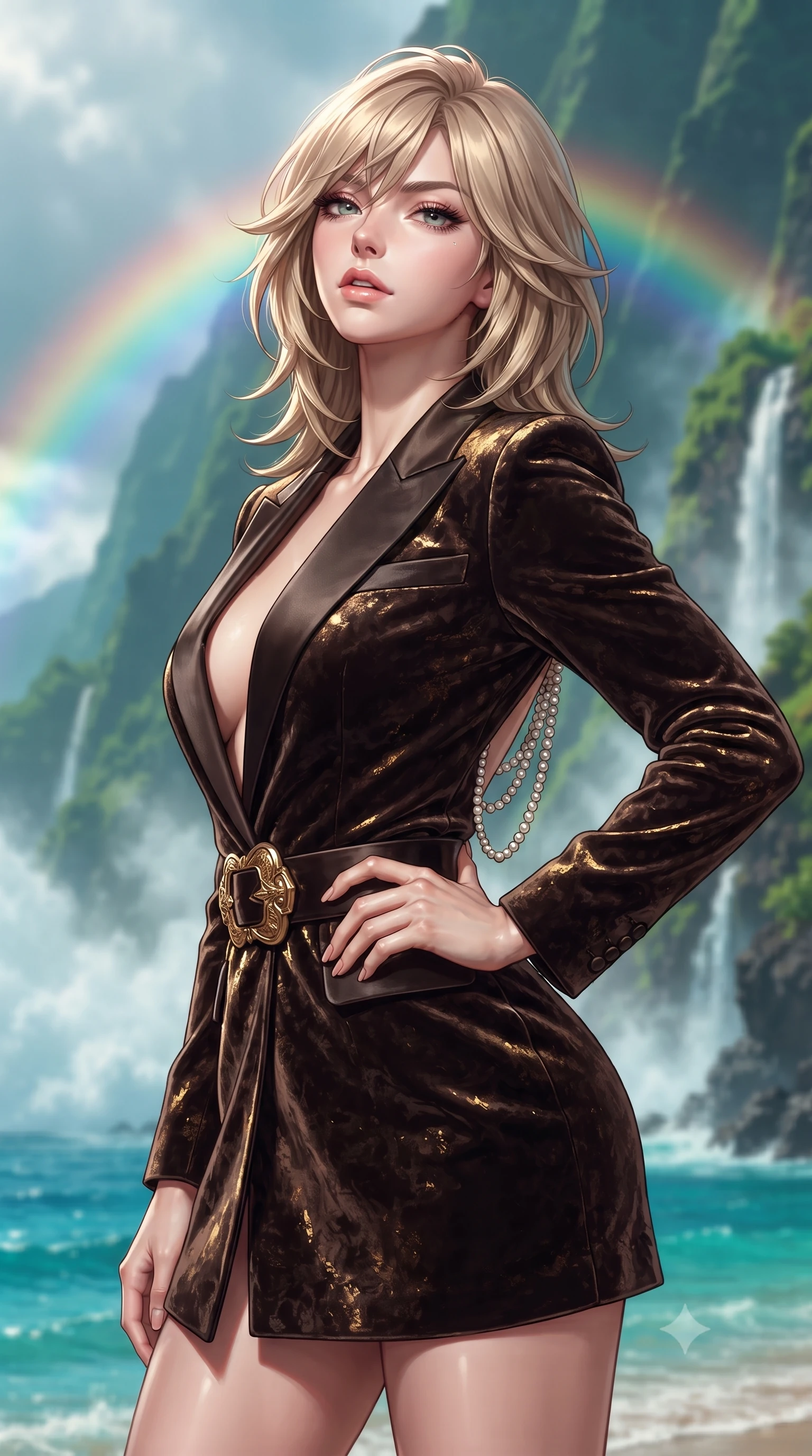 score_9, masterpiece, best quality, ultra-detailed, high-budget anime keyframe, editorial fashion photography, tasteful artistic composition, Japanese woman. close-up cowboy shot from the waist and thighs up, the character dominates the composition, filling the frame with her large presence. tilting her chin up with proud, sovereign allure while gazing through thick eyelashes, one hand resting on her waist in pure supermodel charisma while turning in an alluring dancer S-curve as tropical mist breaks into a vivid rainbow arching over the colossal emerald ocean cliffs. The composition keeps background elements in soft focus with creamy bokeh. rising ocean spray mists and cascading waterfall ribbons softened in exotic Hawaiian shallow focus. She has an exceptionally elegant, slender, and willowy female figure with an ultra-slim waist, flat toned midriff, narrow ribcage, and sculpted feminine hips creating an alluring, slim hourglass silhouette without bulk. sharp v-shaped jawline, high-bridge nose, intricate jewel-like eyes with depth, thick eyelashes, glossy parted lips with a natural sheen, intensely captivating and seductive bedroom-eyes expression, flawlessly proportioned anatomical accuracy, strict slender model proportions, natural body alignment, perfectly sculpted long slender limbs, ultra-slim waistline, clean dynamic posture without body distortion. wearing a tailored velvet tuxedo jacket dress with satin lapels, worn with a deep plunge neckline and gold hip buckle in dark espresso brown and molten gold foil, crafted from heavyweight crushed silk velvet with liquid vintage luster, accented with a multi-strand pearl back necklace cascading down her bare spine to her hips, the liquid-tight tailored fabric clinging flawlessly to her narrow waist and rounded feminine hips, emphasizing every millimeter of her sculpted slim hourglass curves without any bulky heaviness. illuminated by intense turquoise ocean reflections sharply sculpting her razor-sharp jawline, narrow waist, and curvy hips. ultra-reflective glossy finish, specular highlights, rich textural contrasts, high-contrast stereoscopic depth, volumetric dynamic lighting, 2k, ultra detail, master piece, 9:16 ratio
