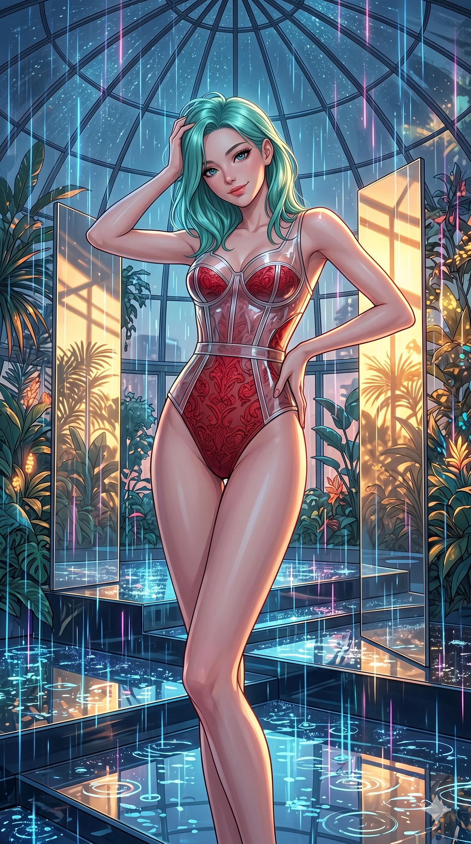 score_9, masterpiece, best quality, ultra-detailed, high-budget anime keyframe, editorial fashion photography, tasteful artistic composition, Japanese woman. cowboy shot from the thighs up, character and outfit filling the frame for maximum editorial presence. tilting her head with a playful, composed, magnetic smile inside a futuristic glass greenhouse under a dome of falling neon rain (Code-P18-161). She has an absolutely perfect 8-heads proportion, an exceptionally tall and slender female figure with impossibly long slender legs and an ultra-slim waist. V-shaped jawline, high-bridge nose, intricate jewel-like eyes with depth, thick eyelashes, glossy lips with a natural sheen. wearing a translucent polymer structured bodice over a red patterned embroidery sleek form-fitting suit. warm golden afternoon sunbeams reflecting off the mirrors, casting bright light patterns. 2k, ultra detail, master piece, 9:16 ratio