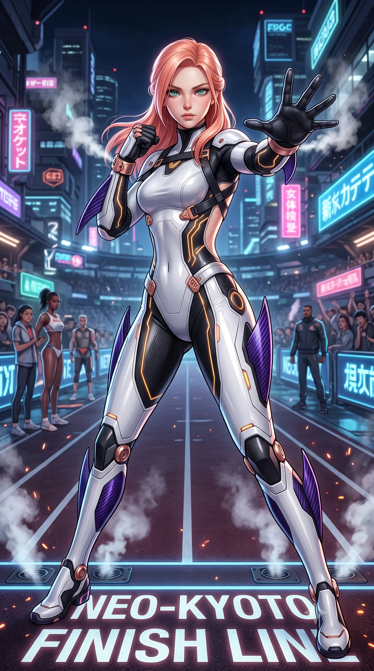 score_9, masterpiece, best quality, ultra-detailed, high-budget anime keyframe, semi-realistic 3D game render, editorial fashion photography, tasteful artistic composition, Japanese woman. close-up cowboy shot from the waist and thighs up, the character dominates the composition, filling the frame with her large presence. in a razor-sharp Panzer Kunst fighting guard, one hand extended with palm open in fluid kinetic tension, captivating jewel-like eyes locked onto the viewer with dangerous focus while arching her spine in a fluid combat stance on the finish line with steam hissing from her carbon knuckle vents. The surrounding environment is rendered in vivid detail and crisp panoramic clarity. high-contrast cyberpunk sports chiaroscuro and raw kinetic energy captured with environmental precision. She has an exceptionally elegant, slender, and willowy female figure with an ultra-slim waist, a gracefully sculpted slender torso, toned flat midriff, and a refined slim silhouette. sharp v-shaped jawline, high-bridge nose, intricate jewel-like eyes with depth, thick eyelashes, glossy lips with a natural sheen, flawlessly proportioned anatomical accuracy, strict slender model proportions, natural body alignment, perfectly sculpted long slender limbs, ultra-slim waistline, clean dynamic posture without body distortion. wearing a high-contrast monochrome white-and-black carbon-composite exoskeleton suit with glowing amber circuitry and aerodynamic limb fins in royal purple carbon fiber with rose-gold hardware and clasps, crafted from semi-translucent cybernetic carbon-vinyl interwoven with glowing micro-filaments, complemented by criss-cross back harness straps highlighting her completely bare spine, the glove-like aerodynamic second-skin fit tightly clinging to her ultra-slender waist and athletic curves without adding bulk, accentuating her razor-sharp statuesque lines and slim hourglass silhouette. illuminated by crisp white key lighting with sharp specular highlights tracing her sculpted athletic curves. rich saturated anime colors with glowing neon highlights, detailed shading with soft gradients, rich glossy textures, high-contrast stereoscopic depth, volumetric dynamic lighting, master piece, 9:16 ratio
