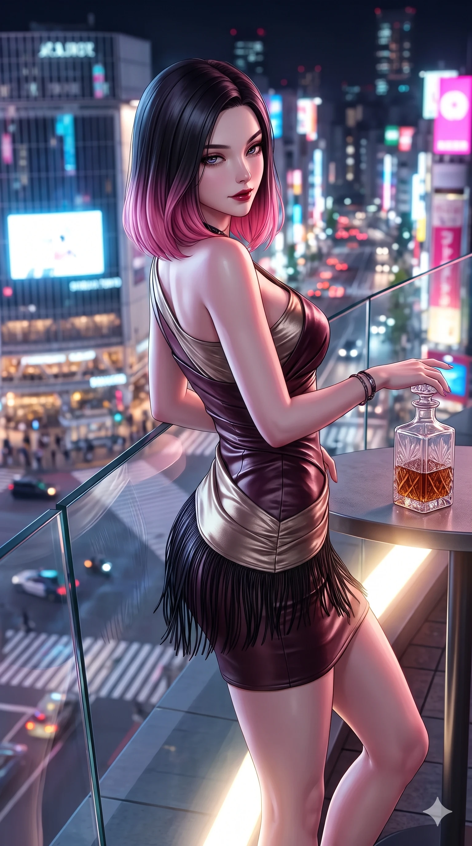 score_9, masterpiece, best quality, ultra-detailed, high-budget anime keyframe, semi-realistic 3D game render, editorial fashion photography, tasteful artistic composition, Korean woman. close-up cowboy shot from the waist and thighs up, the character dominates the composition, filling the frame with her large presence. twisting her slender torso in an alluring S-curve while reaching for a vintage crystal decanter, her dark tailored fit highlighting her hourglass curves while leaning back against the angled glass windbreak with hips cocked back, casting an alluring, heavy-lidded bedroom-gaze toward the lens. The background shows a soft-focus the iconic Shibuya scramble crossing, giant LED video billboards, and dense sea of neon lights blurred into electric magenta, cyan, and amber bokeh. She has an exceptionally elegant, slender, and willowy female figure with an ultra-slim waist, flat toned midriff, narrow ribcage, and sculpted feminine hips creating an alluring, slim hourglass silhouette without bulk. sharp v-shaped jawline, high-bridge nose, intricate jewel-like dark sparkling eyes with dangerous depth, thick curled eyelashes, glossy parted lips with a rich wine sheen, smoldering seductive half-smile with bedroom-eyes, exuding effortless superiority and intoxicating dark allure, flawlessly proportioned anatomical accuracy, strict slender model proportions, natural body alignment, perfectly sculpted long slender limbs, ultra-slim waistline, clean dynamic posture without body distortion. wearing an asymmetric one-shoulder liquid mercury metallic mini dress hugging her narrow waist and curvy hips in dark mulberry wine and antique champagne, made of supple butter-soft lambskin leather with a subtle satin sheen, finished with delicate jet-black micro-fringe fluttering softly along her hips with each step, the impeccably tailored cut draping gracefully along her slender figure with aristocratic noir poise. bathed in the blinding, radiant glow of a hundred giant LED screens washing upward from the street level. highly saturated vibrant anime colors, detailed shading with soft gradients, rich glossy textures, high-contrast stereoscopic depth, volumetric dynamic lighting, master piece, 9:16 ratio