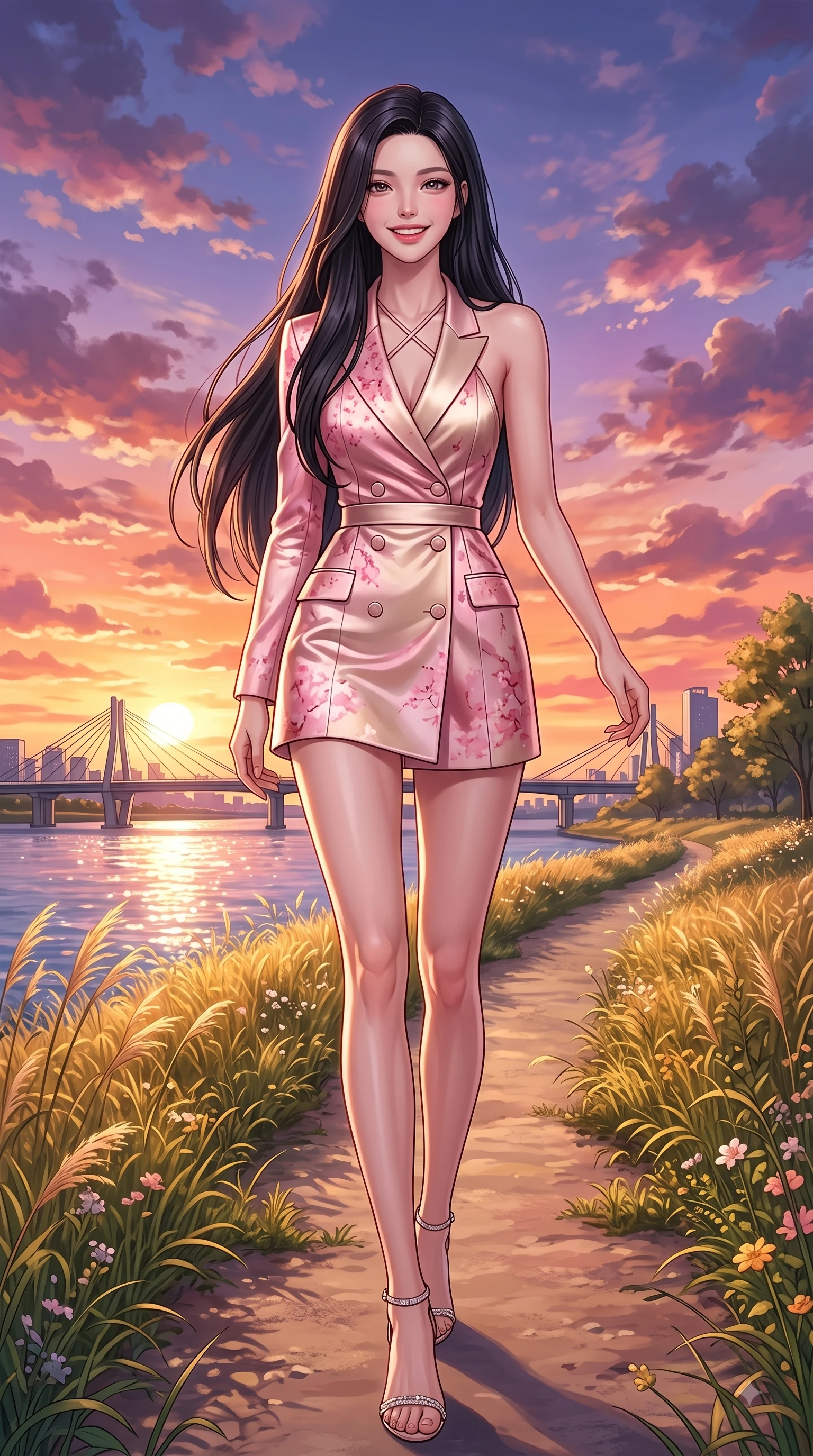 score_9, masterpiece, best quality, ultra-detailed, high-budget anime keyframe, editorial fashion photography, tasteful artistic composition, Korean woman. low angle full-body shot from head to toe showing her feet, filling the entire 9:16 vertical frame with her statuesque presence, stretching her vertical silhouette. walking forward in a proud dynamic stride with a cheerful beaming smile, her vertical silhouette filling the frame while walking cheerfully along a park pathway bordered by swaying grass as sunset light paints the sky. The surrounding environment is rendered in vivid detail and crisp panoramic clarity. sparkling river waters, iconic city bridge outlines, and dramatic sunset sky clouds in crisp detail. She has an absolutely perfect, statuesque 8.5-heads proportion, an exceptionally tall and slender model-like female figure with impossibly long slender legs and an ultra-slim waist. sharp v-shaped jawline, high-bridge nose, intricate jewel-like eyes with depth, thick eyelashes, glossy lips with a natural sheen, flawlessly proportioned anatomical accuracy, natural body alignment, perfectly sculpted elegant limbs, clean dynamic posture without body distortion. wearing a tailored double-breasted blazer dress with a sleek waist belt and clean lines in bright cherry blossom pink and champagne, crafted from smooth liquid silk satin, finished with delicate criss-cross back straps highlighting her bare shoulders, the form-contouring material highlighting her ultra-slim waist and long lines. surrounded by a serene, uplifting, and romantic park ambiance. highly saturated vibrant anime colors, detailed shading with soft gradients, rich glossy textures, high-contrast stereoscopic depth, volumetric dynamic lighting, master piece, 9:16 ratio