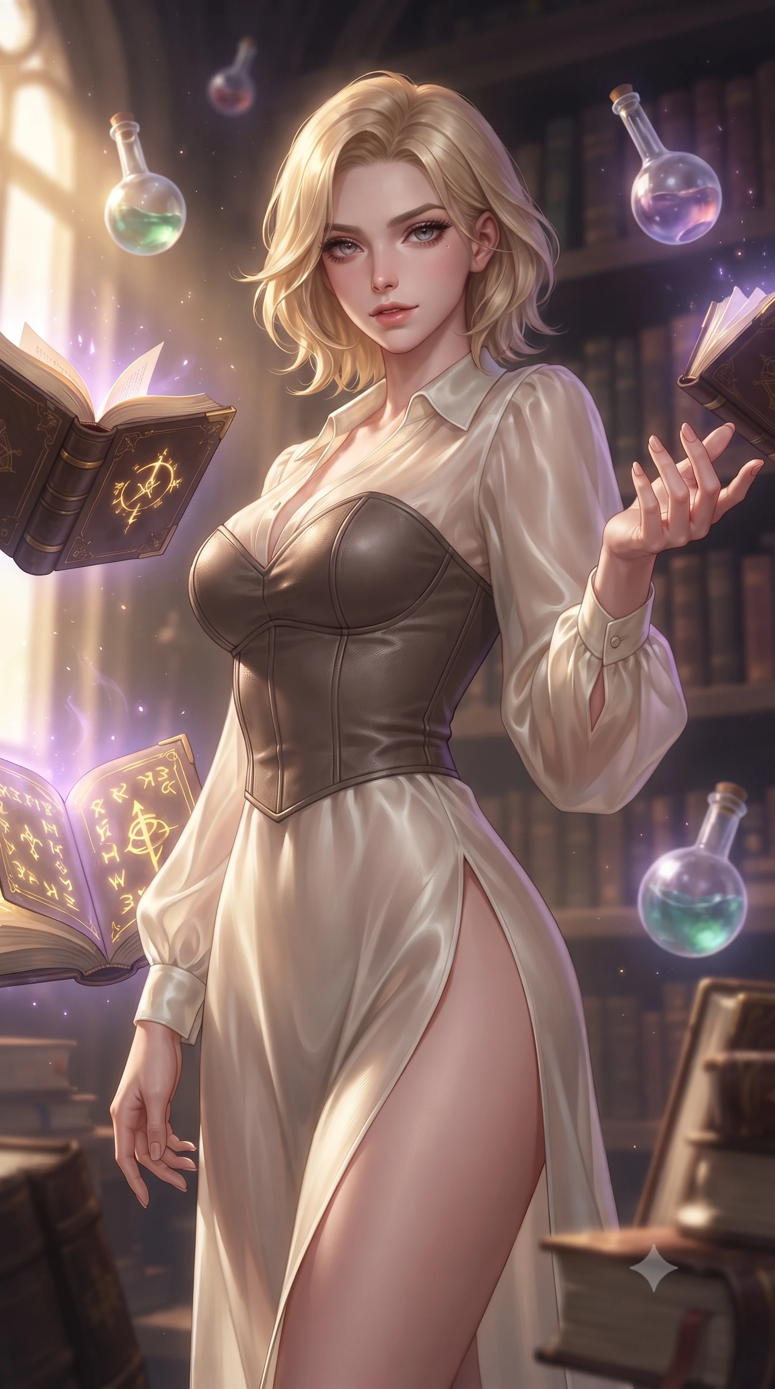 score_9, masterpiece, best quality, ultra-detailed, high-budget anime keyframe, editorial fashion photography, tasteful artistic composition, Caucasian woman. close-up cowboy shot from the waist and thighs up, the character dominates the composition, filling the frame with her large presence, background elements kept in soft focus. Reaching one hand gracefully toward the viewer with effortless superiority and allure navigating an arcane library with floating leather-bound books and glass flasks, leather-bound grimoires with glowing gold arcane runes open nearby. She has an exceptionally elegant, slender, and willowy female figure with an ultra-slim waist, a gracefully sculpted slender torso, and a refined silhouette. sharp v-shaped jawline, high-bridge nose, intricate jewel-like eyes with depth, thick eyelashes, glossy lips with a natural sheen. wearing a tailored leather bustier over a sheer silk chiffon blouse in muted taupe and soft ivory, crafted from smooth liquid silk, finished with a sleek side slit ascending to mid-thigh, the glove-like fit emphasizing her statuesque silhouette. bathed in warm golden sunlight and soft violet magical inner glow. ultra-reflective glossy finish, specular highlights, metallic sheen, high-contrast stereoscopic depth, volumetric dynamic lighting, 2k, ultra detail, master piece, 9:16 ratio