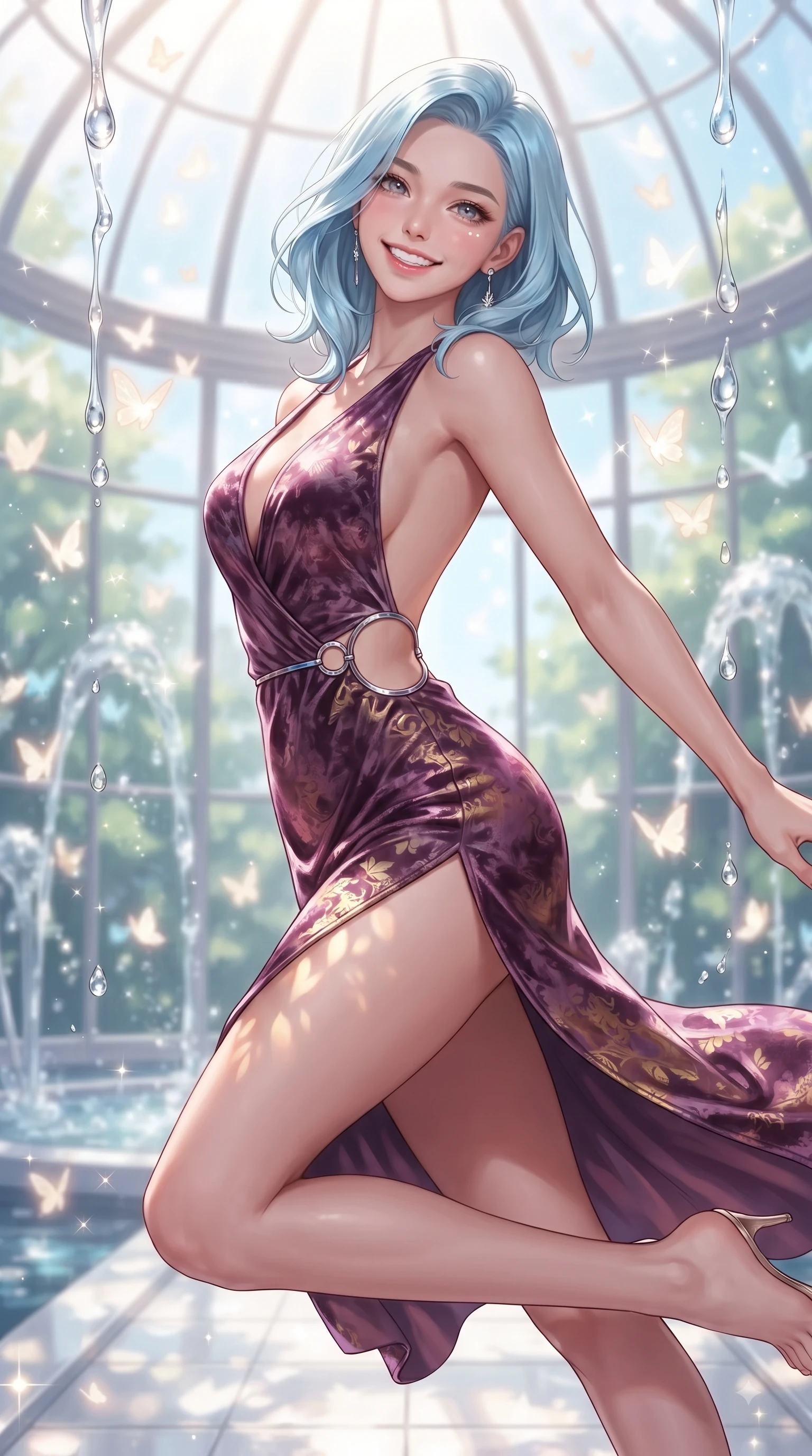 score_9, masterpiece, best quality, ultra-detailed, high-budget anime keyframe, editorial fashion photography, tasteful artistic composition, Korean woman. close-up cowboy shot from the waist and thighs up, the character dominates the composition, filling the frame with her large presence, background elements kept in soft focus. Radiant bright smile with sparkling eyes directed right into the lens, her torso turning in a dynamic S-curve alignment while leaping playfully across a platinum walkway in a sunlit glass dome filled with glowing butterflies, translucent water droplets cascading down platinum fountains with sparkling luster. She has an exceptionally elegant, slender, and willowy female figure with an ultra-slim waist, a gracefully sculpted slender torso, and a refined silhouette. sharp v-shaped jawline, high-bridge nose, intricate jewel-like eyes with depth, thick eyelashes, glossy lips with a natural sheen, flawlessly proportioned anatomical accuracy, natural body alignment, perfectly sculpted elegant limbs, clean dynamic posture without body distortion. wearing a backless crushed velvet gown with a deep V-neckline and high thigh slit in plum purple and gold filigree, tailored from high-gloss patent leather, accented with delicate chrome ring hardware framing her waist, the glove-like fit emphasizing her statuesque silhouette during motion. illuminated by brilliant sunbeams casting cheerful organic leaf stencil shadows. ultra-reflective glossy finish, specular highlights, metallic sheen, high-contrast stereoscopic depth, volumetric dynamic lighting, 2k, ultra detail, master piece, 9:16 ratio