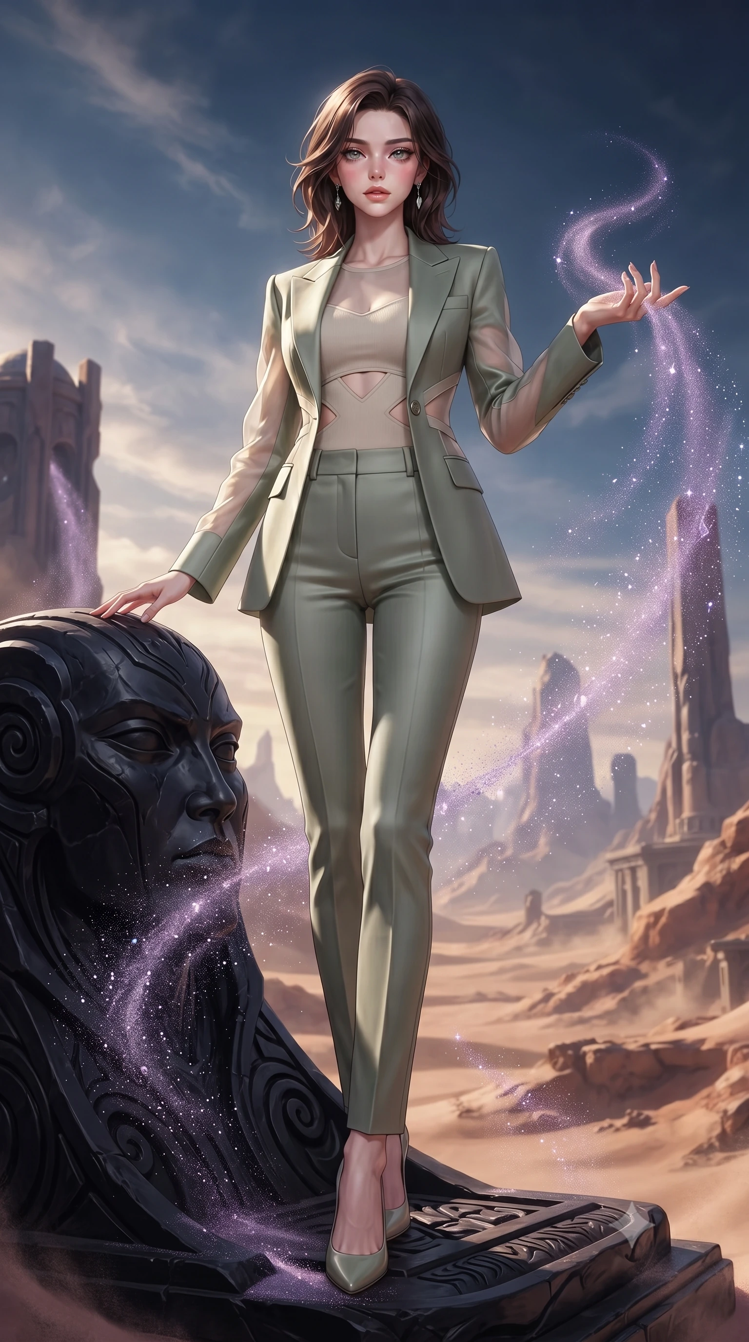 score_9, masterpiece, best quality, ultra-detailed, high-budget anime keyframe, editorial fashion photography, tasteful artistic composition, Korean woman. low angle full-body shot from head to toe showing her feet, filling the entire 9:16 vertical frame with her statuesque presence, stretching her vertical silhouette. interacting gracefully with the magical floating elements while maintaining a confident posture resting on a carved obsidian monument in a surreal desert sanctuary, swirling gusts of fine purple crystal sand shimmering like diamond dust. She has an absolutely perfect, statuesque 8.5-heads proportion, an exceptionally tall and slender model-like female figure with impossibly long slender legs and an ultra-slim waist. sharp v-shaped jawline, high-bridge nose, intricate jewel-like eyes with depth, thick eyelashes, glossy lips with a natural sheen. wearing a tailored silk blazer over a form-contouring top and fitted slacks in sage green and oatmeal, woven from fine semi-opaque sheer organza, featuring subtle geometric cutouts that highlight her ultra-slim midriff, the form-contouring material highlighting her ultra-slim waist and long lines. surrounded by an alien, majestic desert radiance. highly saturated vibrant anime colors, detailed shading with soft gradients, rich glossy textures, high-contrast stereoscopic depth, volumetric dynamic lighting, master piece, 9:16 ratio