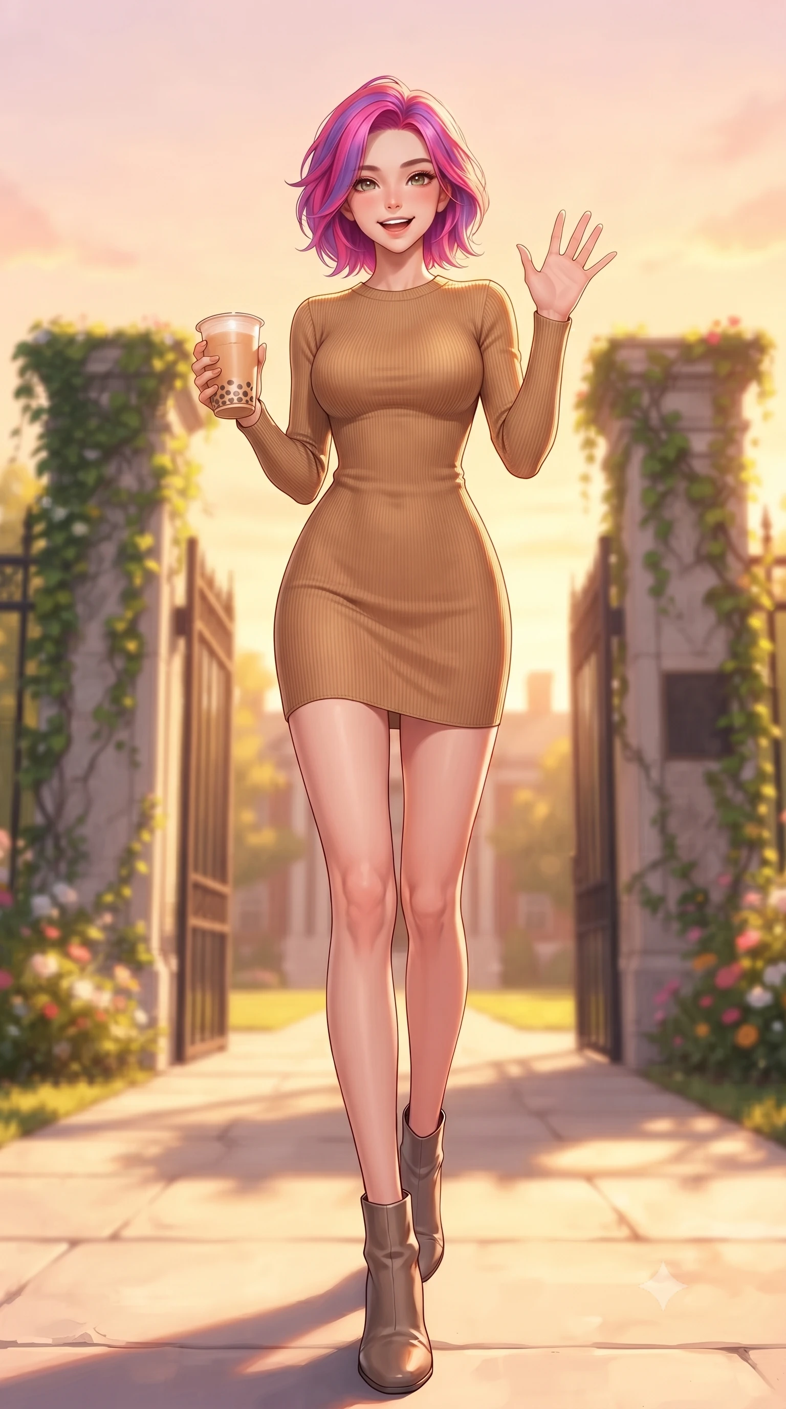 score_9, masterpiece, best quality, ultra-detailed, high-budget anime keyframe, editorial fashion photography, tasteful artistic composition, Caucasian woman. low angle full-body shot from head to toe showing her feet, filling the entire 9:16 vertical frame with her statuesque presence, stretching her vertical silhouette. stepping forward with a bright, cheerful smile, waving happily at the viewer set against a soft-focus background of near a college campus gate draped in green ivy vines and surrounded by flowers holding a warm paper cup of milk tea with bubbles. She has an absolutely perfect, statuesque 8.5-heads proportion, an exceptionally tall and slender model-like female figure with impossibly long slender legs and an ultra-slim waist. sharp v-shaped jawline, high-bridge nose, intricate jewel-like eyes with depth, thick eyelashes, glossy lips with a natural sheen. wearing body-hugging sleek, body-hugging long-sleeve knit dress in camel, outlining her slender silhouette. golden hour sunset light casting a peaceful, cozy orange wash across the lawns. highly saturated vibrant anime colors, detailed shading with soft gradients, rich glossy textures, high-contrast stereoscopic depth, volumetric dynamic lighting, master piece, 9:16 ratio