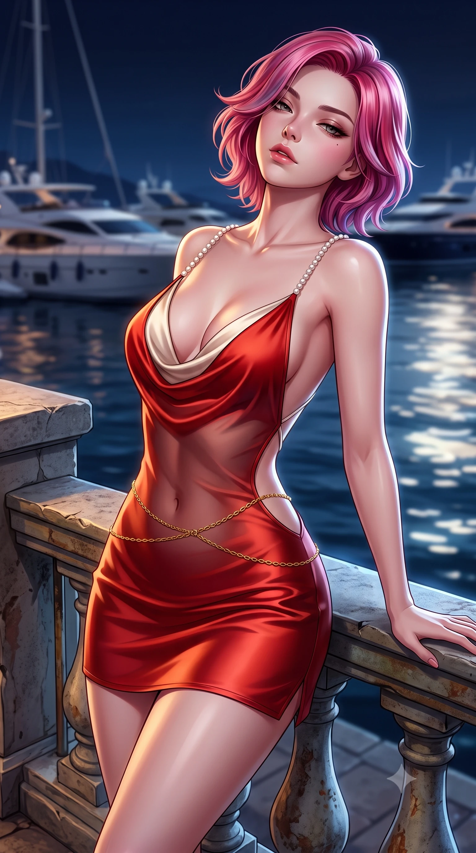 score_9, masterpiece, best quality, ultra-detailed, high-budget anime keyframe, semi-realistic 3D game render, editorial fashion photography, tasteful artistic composition, Caucasian woman. close-up cowboy shot from the waist and thighs up, the character dominates the composition, filling the frame with her large presence. leaning back against the balustrade with relaxed seductive grace, head tilted back slightly while casting a hypnotic, heavy-lidded gaze while twisting her slender torso in an alluring S-curve, salty harbor winds molding her form-fitting dress to her feminine hourglass contours. The background shows a soft-focus moored luxury yachts softened in breezy maritime night shallow focus. She has an exceptionally elegant, slender, and willowy female figure with an ultra-slim waist, flat toned midriff, narrow ribcage, and sculpted feminine hips creating an alluring, slim hourglass silhouette without bulk. sharp v-shaped jawline, high-bridge nose, sparkling eyes with hypnotic seductive depth, thick curled eyelashes, glossy parted lips with a natural dewy peach sheen, alluring bedroom-eyes with an enchanting coquettish smile, exuding magnetic siren charisma and sophisticated glamour, flawlessly proportioned anatomical accuracy, strict slender model proportions, natural body alignment, perfectly sculpted long slender limbs, ultra-slim waistline, clean dynamic posture without body distortion. wearing a low-cut draped cowl-back satin slip mini dress with dainty pearl spaghetti straps in royal vermilion crimson and pale ivory silk, made of semi-opaque stretch illusion mesh with soft shadowy contours, finished with a dainty gold belly chain resting across her flat midriff and curving hips, the precision-cut side openings and low-back scoop framing her graceful spine and the sensual sweep of her slim, toned hips. illuminated by harbor water moonbeam bounce and sharp platinum rim lights defining her collarbones, narrow waist, and curvy hips. highly saturated vibrant anime colors, detailed shading with soft gradients, rich glossy textures, high-contrast stereoscopic depth, volumetric dynamic lighting, master piece, 9:16 ratio