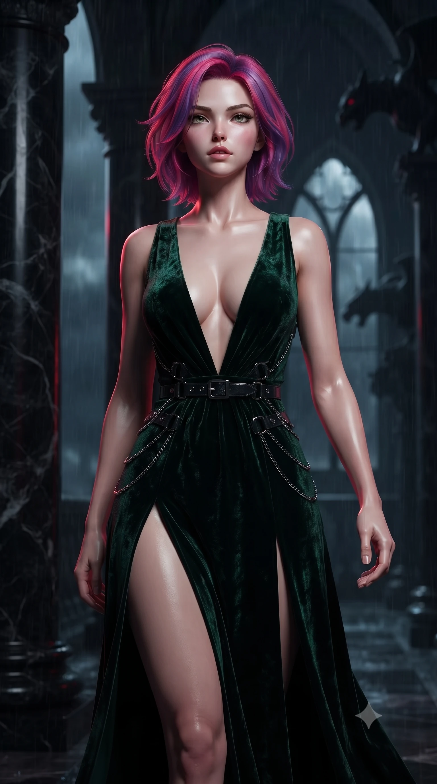 score_9, masterpiece, best quality, ultra-detailed, high-budget anime keyframe, editorial fashion photography, tasteful artistic composition, Caucasian woman. close-up cowboy shot from the waist and thighs up, the character dominates the composition, filling the frame with her large presence, background elements kept in soft focus. Tilting her chin up slightly with lips parted in a composed, mysterious expression, walking along an aisle of pitch-black marble pillars enveloped in torrential midnight rain, shadowy gargoyle silhouettes looming ominously in the background. She has an exceptionally elegant, slender, and willowy female figure with an ultra-slim waist, a gracefully sculpted slender torso, and a refined silhouette. sharp v-shaped jawline, high-bridge nose, intricate jewel-like eyes with depth, thick eyelashes, glossy lips with a natural sheen. wearing deep plunging V-neckline midnight gown with daring high thigh slit in deep emerald green, made of crushed dark silk velvet, framed by dark titanium buckles and silver chain details, contouring every curve with an exceptionally elegant silhouette. illuminated by dramatic blood-crimson window light and deep obsidian shadows. ultra-reflective glossy finish, specular highlights, metallic sheen, high-contrast stereoscopic depth, volumetric dynamic lighting, 2k, ultra detail, master piece, 9:16 ratio