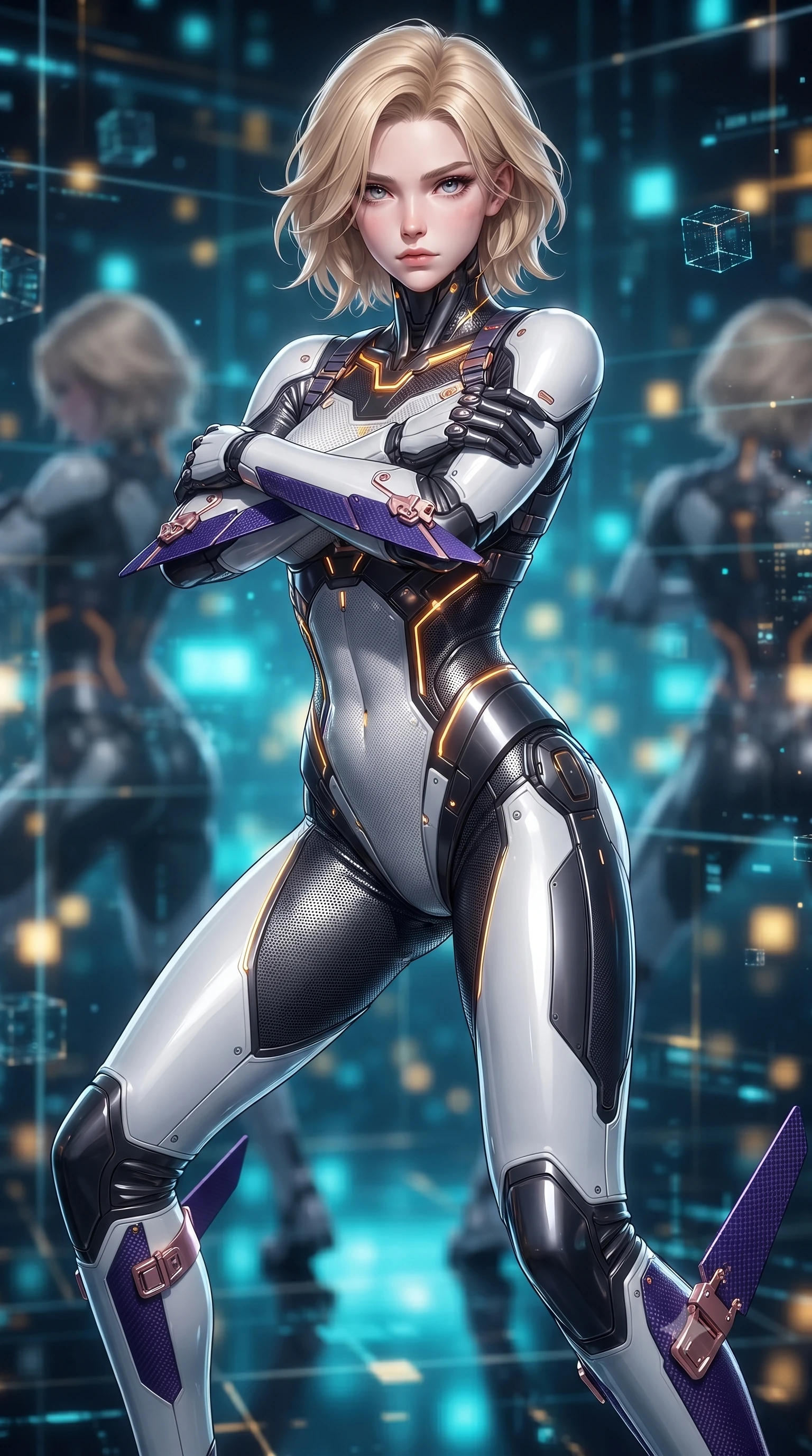 score_9, masterpiece, best quality, ultra-detailed, high-budget anime keyframe, editorial fashion photography, tasteful artistic composition, Caucasian woman. close-up cowboy shot from the waist and thighs up, the character dominates the composition, filling the frame with her large presence. shifting into a low cat-stance with arms crossed defensively, glowing energy conduits tracing her ultra-slim waist and sculpted clavicle while stepping along a glowing blue data pathway with effortless sovereign grace as matrix mirrors reflect her silhouette. The composition keeps background elements in soft focus with creamy bokeh. pulsing quantum grid lines and floating data cubes blurred into rich electric cyan, gold, and sapphire bokeh. She has an exceptionally elegant, slender, and willowy female figure with an ultra-slim waist, a gracefully sculpted slender torso, toned flat midriff, and a refined slim silhouette. sharp v-shaped jawline, high-bridge nose, intricate jewel-like eyes with depth, thick eyelashes, glossy lips with a natural sheen, flawlessly proportioned anatomical accuracy, strict slender model proportions, natural body alignment, perfectly sculpted long slender limbs, ultra-slim waistline, clean dynamic posture without body distortion. wearing a high-contrast monochrome white-and-black carbon-composite exoskeleton suit with glowing amber circuitry and aerodynamic limb fins in royal purple carbon fiber with rose-gold hardware and clasps, tailored from flexible second-skin carbon-mesh that clings flawlessly to her athletic curves, reinforced by a sleek titanium kinetic harness and glowing micro-energy straps, the form-contouring material adhering flawlessly to her sculpted flat midriff and slender torso, emphasizing her long leg lines and perfectly proportioned willowy build. illuminated by sharp specular highlights tracing her ultra-slim waist, long legs, and sculpted collarbones. ultra-reflective glossy finish, specular highlights, dark metallic sheen, high-contrast stereoscopic depth, volumetric dynamic lighting, 2k, ultra detail, master piece, 9:16 ratio