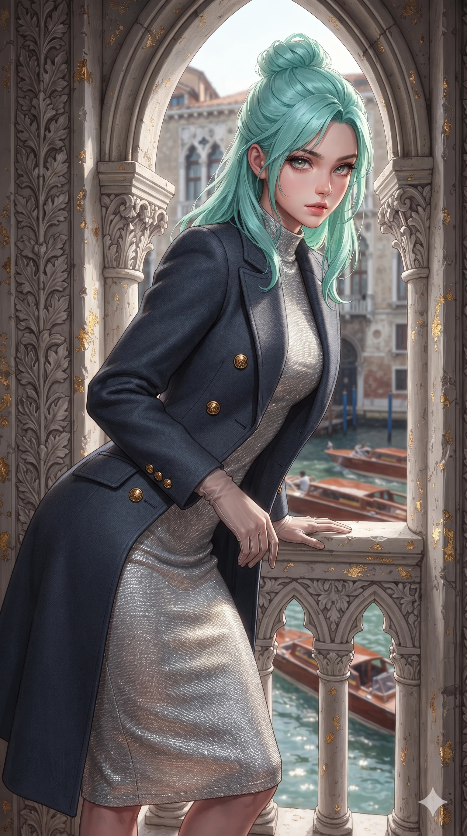 score_9, masterpiece, best quality, ultra-detailed, high-budget anime keyframe, editorial fashion photography, tasteful artistic composition, Japanese woman. close-up cowboy shot from the waist and thighs up, the character dominates the composition, filling the frame with her large presence. leaning forward over the carved stone gothic balustrade, looking back with sleepy seductive bedroom-eyes as water reflections dance across her silhouette while leaning over the carved Istrian stone window sill with hips cocked back, looking through open gothic arches at passing mahogany water taxis with seductive eyes. The surrounding environment is rendered in vivid detail and crisp panoramic clarity: sharp carved gothic leaf scrollwork, weathered gold-foil flecks on stone, and crisp water ripple textures in deep focus. She has an exceptionally elegant, slender, and willowy female figure with an ultra-slim waist, flat toned midriff, narrow ribcage, and sculpted feminine hips creating an alluring, slim hourglass silhouette without bulk. sharp v-shaped jawline, high-bridge nose, intricate jewel-like sparkling eyes with depth, thick eyelashes, glossy parted lips with a natural sheen, intensely captivating and seductive bedroom-eyes expression, exuding both youthful cute charm and sovereign luxury allure, flawlessly proportioned anatomical accuracy, strict slender model proportions, natural body alignment, perfectly sculpted long slender limbs, ultra-slim waistline, clean dynamic posture without body distortion. wearing a structured Belle Époque cashmere opera greatcoat with polished brass crest buttons layered over a high-neck slip in shimmering silver mercury and pearl white, woven from high-density tech-wool with subtle metallic thread weave, complemented by sheer opera-length evening gloves tracing her slender arms, the impeccably tailored cut draping gracefully along her slender figure with aristocratic poise. illuminated by terracotta floor bounce and sharp champagne-gold rim lights defining her razor-sharp jawline, narrow waist, and curvy hips. ultra-reflective glossy finish, specular highlights, rich textural contrasts, high-contrast stereoscopic depth, volumetric dynamic lighting, 2k, ultra detail, master piece, 9:16 ratio