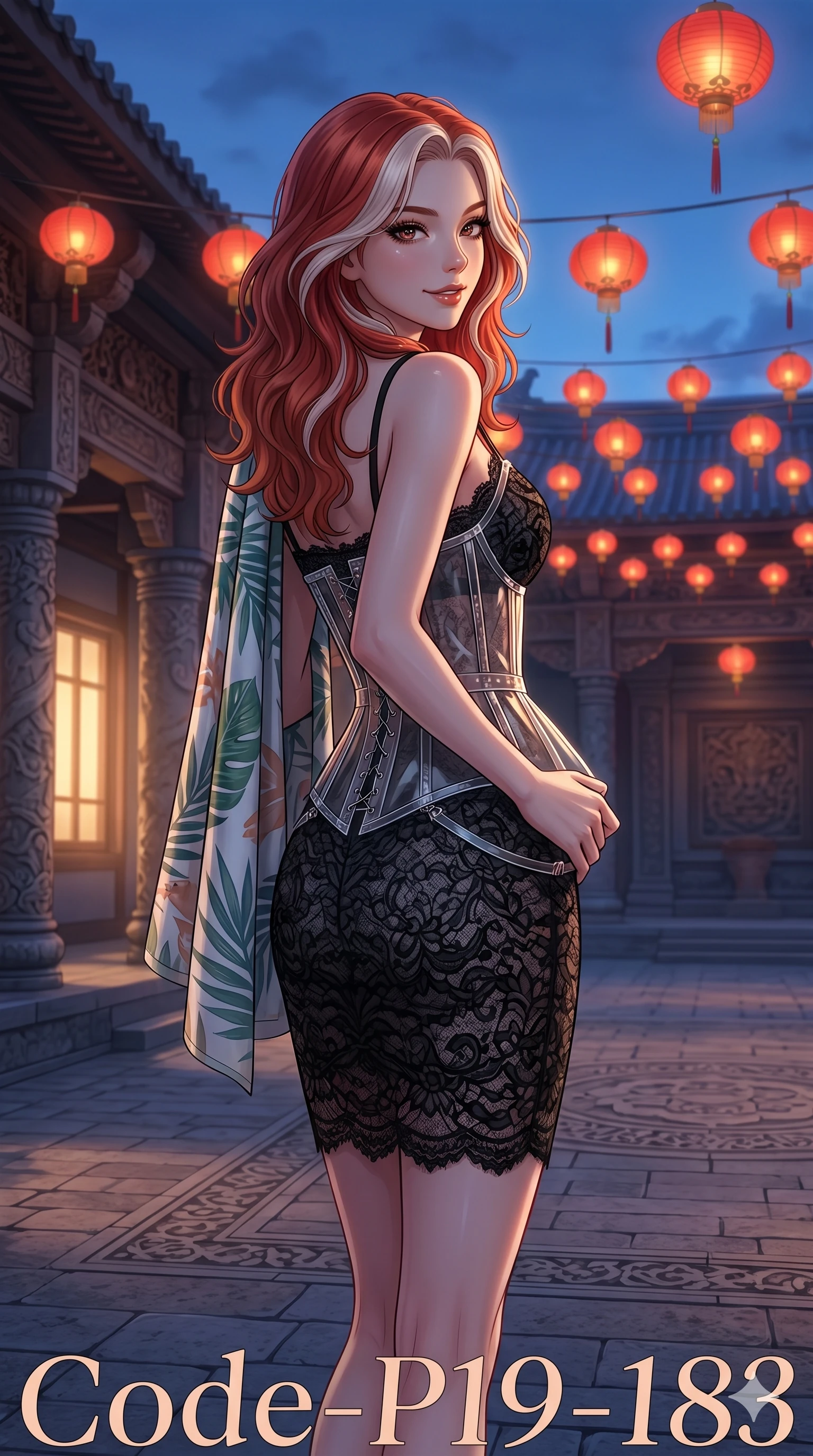 score_9, masterpiece, best quality, ultra-detailed, high-budget anime keyframe, editorial fashion photography, tasteful artistic composition, Caucasian woman, strictly human ears. cowboy shot from the thighs up, character and outfit filling the frame for maximum editorial presence. holding a beach towel, looking over her shoulder with a magnetic smile in a resort courtyard temple with floating decorative red lanterns (Code-P19-183). She has an absolutely perfect 8-heads proportion, an exceptionally tall and slender female figure with impossibly long slender legs and an ultra-slim waist. V-shaped jawline, high-bridge nose, intricate jewel-like eyes with depth, thick eyelashes, glossy lips with a natural sheen. wearing a transparent PVC corset over a black lace dress. soft blue twilight glow mixed with warm window light, tracing her jawline and nose. 2k, ultra detail, master piece, 9:16 ratio