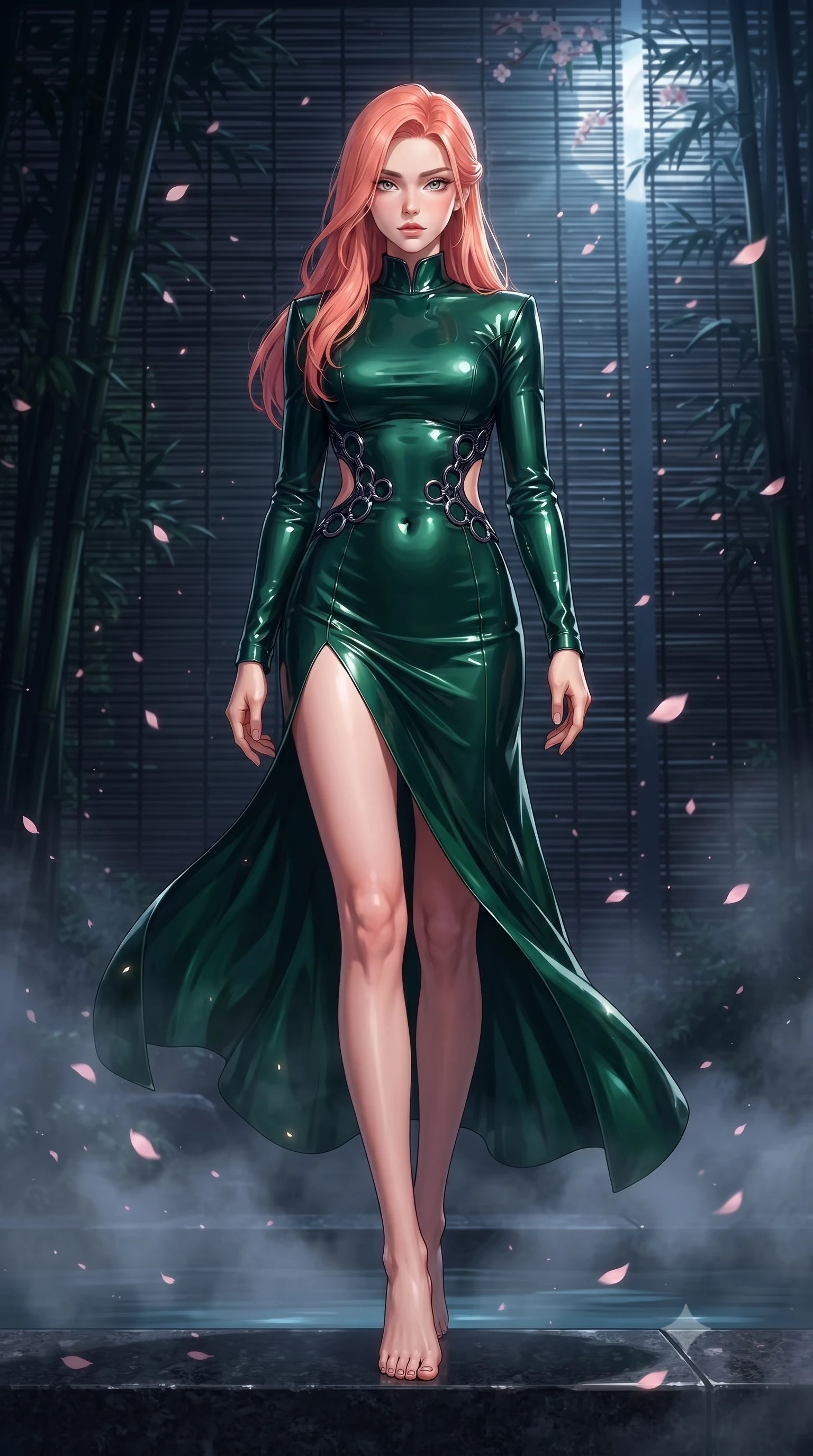 score_9, masterpiece, best quality, ultra-detailed, high-budget anime keyframe, editorial fashion photography, tasteful artistic composition, Japanese woman. low angle full-body shot from head to toe showing her feet, filling the entire 9:16 vertical frame with her statuesque presence, stretching her vertical silhouette. forging confidently through the floating mist, holding a poised statuesque stance, resting against a smooth black granite pool ledge under falling cherry blossom petals, dark bamboo screen filtering soft silver moonlight into delicate shadow stripes. She has an absolutely perfect, statuesque 8.5-heads proportion, an exceptionally tall and slender model-like female figure with impossibly long slender legs and an ultra-slim waist. sharp v-shaped jawline, high-bridge nose, intricate jewel-like eyes with depth, thick eyelashes, glossy lips with a natural sheen. wearing long-sleeved dark emerald satin gown with high structured collar in deep emerald green, made of high-gloss liquid vinyl, trimmed with dark chrome ring hardware along the waist contours, the fitted fabric emphasizing her ultra-slim waist. lit by low-key golden rays piercing through dark bamboo shadows. highly saturated vibrant anime colors, detailed shading with soft gradients, rich glossy textures, high-contrast stereoscopic depth, volumetric dynamic lighting, master piece, 9:16 ratio