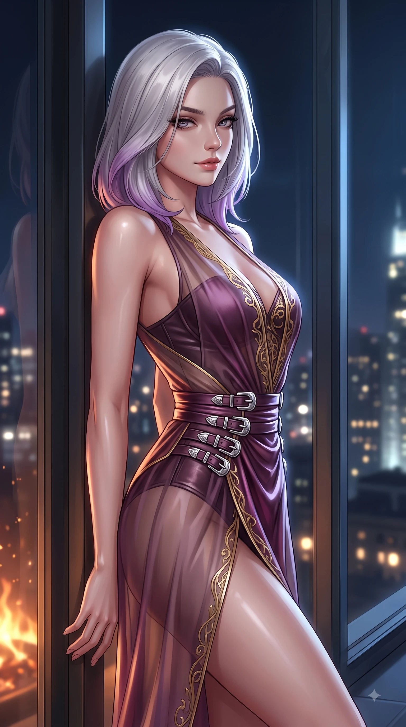 score_9, masterpiece, best quality, ultra-detailed, high-budget anime keyframe, editorial fashion photography, tasteful artistic composition, Caucasian woman. close-up cowboy shot from the waist and thighs up, the character dominates the composition, filling the frame with her large presence, background elements kept in soft focus. Casting a seductive sidelong gaze over her bare shoulder with heavy lashes and a composed half-smile while leaning against a panoramic glass window at midnight, her eyes casting a smoldering, magnetic gaze, glistening city lights twinkling softly through floor-to-ceiling glass in the background. She has an exceptionally elegant, slender, and willowy female figure with an ultra-slim waist, a gracefully sculpted slender torso, and a refined silhouette. sharp v-shaped jawline, high-bridge nose, intricate jewel-like eyes with depth, thick eyelashes, glossy lips with a natural sheen, flawlessly proportioned anatomical accuracy, natural body alignment, perfectly sculpted elegant limbs, clean dynamic posture without body distortion. wearing a semi-opaque sheer overlay dress over a leather micro-bodysuit in plum purple and gold filigree, crafted from lustrous satin jersey with fluid draping, detailed with polished silver buckles along the waistline, the tailored fabric tightly following every curve of her athletic build. illuminated by glowing hearth embers and dramatic city night rim light. ultra-reflective glossy finish, specular highlights, metallic sheen, high-contrast stereoscopic depth, volumetric dynamic lighting, 2k, ultra detail, master piece, 9:16 ratio