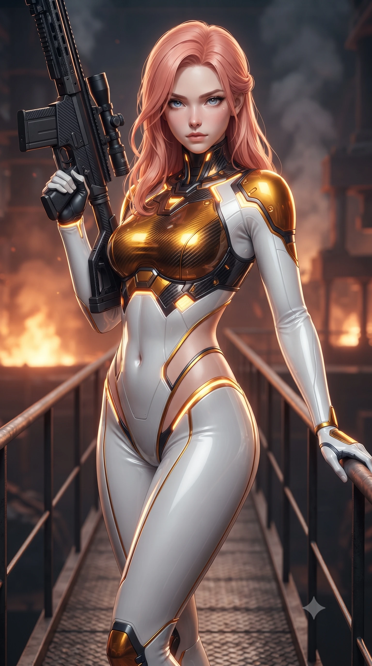 score_9, masterpiece, best quality, ultra-detailed, high-budget anime keyframe, editorial fashion photography, tasteful artistic composition, Japanese woman. close-up cowboy shot from the waist and thighs up, the character dominates the composition, filling the frame with her large presence. twisting her upper body in a dynamic S-curve combat stance, one hand steadying her weapon with commanding supermodel allure while stepping along a narrow steel bridge overlooking the volcanic forge with commanding, sovereign grace. The composition keeps background elements in soft focus with creamy bokeh. massive industrial forge hydraulic presses and steam vents softened in atmospheric shallow focus. She has an exceptionally elegant, slender, and willowy female figure with an ultra-slim waist, a gracefully sculpted slender torso, toned flat midriff, and a refined slim silhouette. sharp v-shaped jawline, high-bridge nose, intricate jewel-like eyes with depth, thick eyelashes, glossy lips with a natural sheen, flawlessly proportioned anatomical accuracy, strict slender model proportions, natural body alignment, perfectly sculpted long slender limbs, ultra-slim waistline, clean dynamic posture without body distortion. wearing a form-contouring arctic white carbon-composite battle-suit with solar gold trim and diagonal midriff vents, aiming a precision carbon-fiber railgun sniper rifle with divine focus in molten amber-gold carbon cuirass with dark titanium weave, formed from high-gloss patent carbon-plating with specular chiaroscuro reflections, accented with glowing fiber-optic conduits tracing her collarbones and hip curves, the precision-cut daring openings accentuating her delicate midriff, graceful bare collarbones, and ultra-slim feminine waistline. surrounded by a fierce, elemental, and irresistibly powerful cyber-valkyrie of fire atmosphere. ultra-reflective glossy finish, specular highlights, dark metallic sheen, high-contrast stereoscopic depth, volumetric dynamic lighting, 2k, ultra detail, master piece, 9:16 ratio