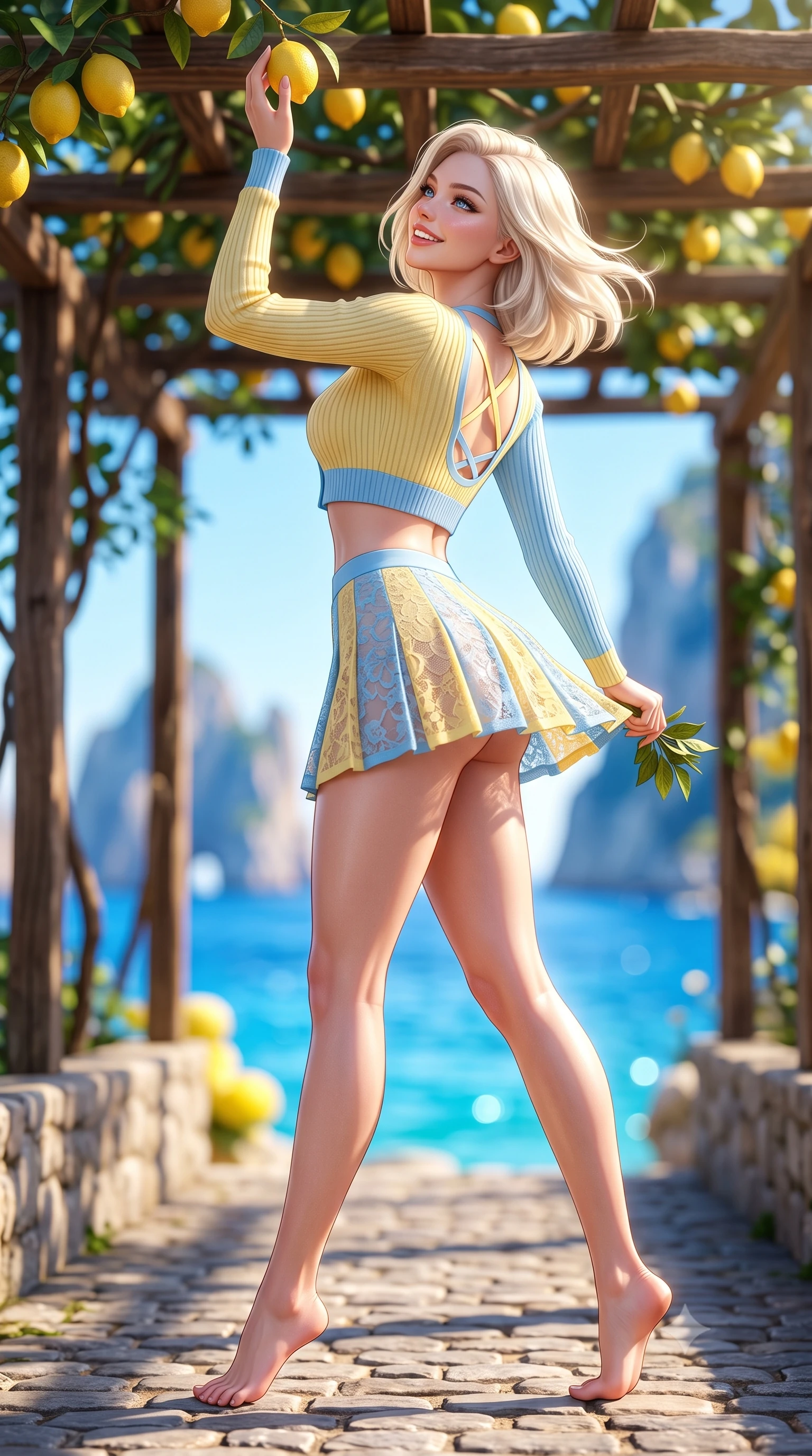 score_9, masterpiece, best quality, ultra-detailed, high-budget anime keyframe, semi-realistic 3D game render, editorial fashion photography, tasteful artistic composition, Caucasian woman. low angle full-body shot from head to toe showing her feet, filling the entire 9:16 vertical frame with her statuesque presence, stretching her vertical silhouette. stepping forward gracefully in mid-motion with a radiant beaming smile, hips swaying in an alluring kinetic rhythm that accentuates her curvy hourglass silhouette and long slender legs while reaching up playfully with one hand toward a ripe yellow lemon in the rustic pergola, arching her back to highlight her curvaceous hips and flat midriff. The composition keeps background elements in soft focus with dreamy creamy bokeh. sun-drenched cobalt Mediterranean sea and dramatic Capri limestone cliffs blurred into radiant sapphire, turquoise, and lemon-yellow bokeh. She has an exceptionally tall and slender model-like 8.5-heads proportion, an ultra-slim waist, a flat toned midriff, narrow delicate ribcage, and beautifully sculpted feminine hips creating a graceful, slim hourglass silhouette without any bulky heaviness, with impossibly long slender legs. sharp v-shaped jawline, high-bridge nose, intricate jewel-like sparkling eyes with depth, thick eyelashes, glossy parted lips with a natural peach sheen, bright cheerful beaming smile with an enchanting and coquettish sensual glint, exuding both youthful cute charm and seductive allure, flawlessly proportioned anatomical accuracy, strict slender model proportions, natural body alignment, perfectly sculpted long slender limbs, ultra-slim waistline, clean dynamic posture without body distortion. wearing a cropped pastel ribbed knit cardigan paired with an ultra-short high-waisted pleated tennis skirt clinging tightly to her curvy hips in sunny daffodil yellow and clear sky blue, made of sheer contouring stretch lace with delicate floral patterns, finished with criss-cross back satin straps highlighting her graceful shoulder blades, the glove-like silhouette tightly following the natural contour of her hips and long slender legs with youthful 8.5-heads elegance. illuminated by intense specular sea surface glints defining her sculpted collarbones, narrow waist, and curvy hips. highly saturated vibrant anime colors, detailed shading with soft gradients, rich glossy textures, high-contrast stereoscopic depth, volumetric dynamic lighting, master piece, 9:16 ratio