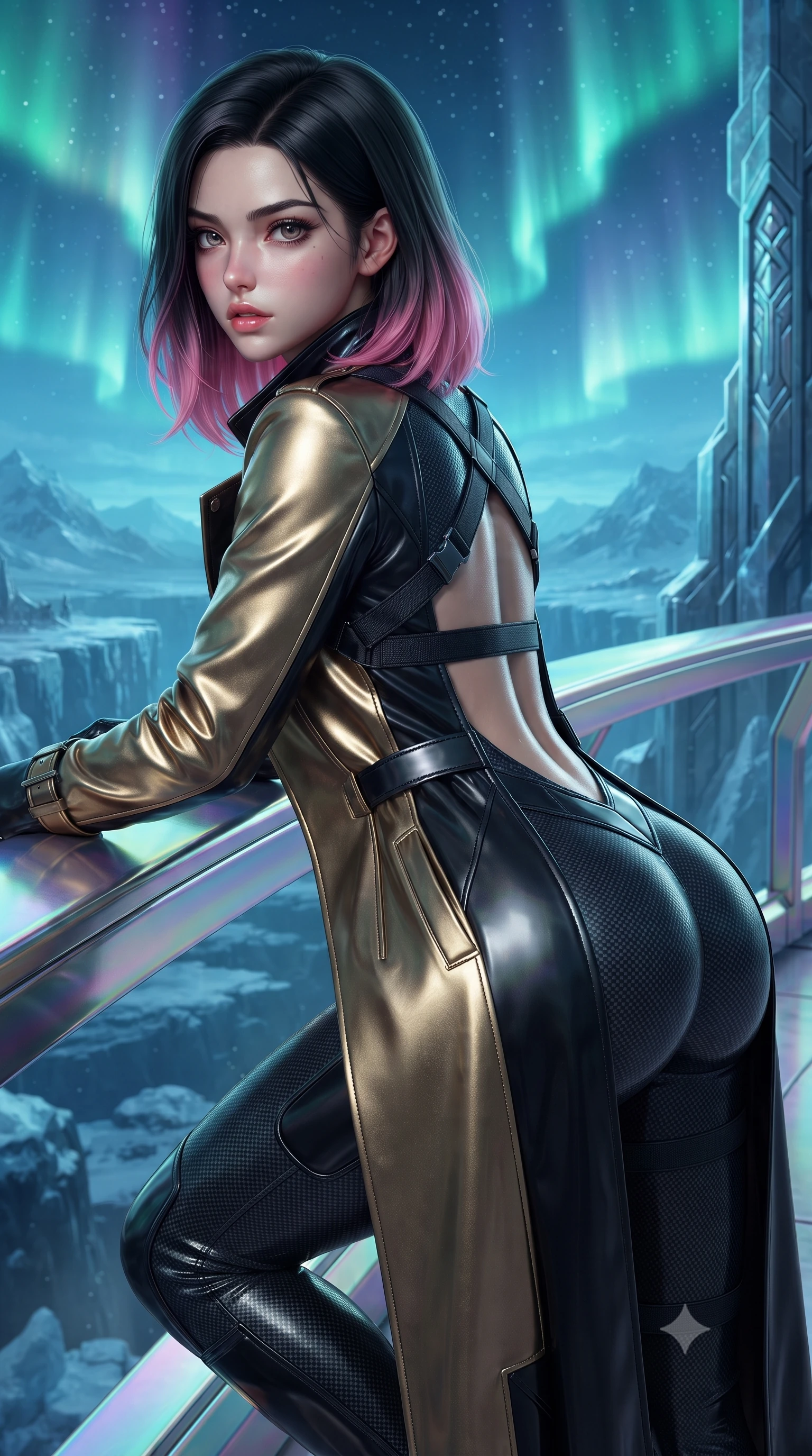 score_9, masterpiece, best quality, ultra-detailed, high-budget anime keyframe, editorial fashion photography, tasteful artistic composition, Korean woman. close-up cowboy shot from the waist and thighs up, the character dominates the composition, filling the frame with her large presence. leaning forward against the polished railing with her hips cocked back, creating an intoxicating curve from her narrow waist to sculpted hips as she gazes back into the lens while crouching low in a kinetic warrior stance on the ice ridge, her athletic feminine curves and sculpted glutes highlighted by aurora ribbons. The surrounding environment is rendered in vivid detail and crisp panoramic clarity. sharp chrome runestone carvings, glacier ice fissure clarity, and titanium armor panel seams in deep focus. She has an exceptionally elegant, slender, and willowy female figure with an ultra-slim waist, a gracefully sculpted slender torso, toned flat midriff, and rounded feminine hips creating an alluring hourglass silhouette. sharp v-shaped jawline, high-bridge nose, intricate jewel-like eyes with depth, thick eyelashes, glossy parted lips with a natural sheen, intensely captivating and seductive bedroom-eyes expression, flawlessly proportioned anatomical accuracy, strict slender model proportions, natural body alignment, perfectly sculpted long slender limbs, ultra-slim waistline, clean dynamic posture without body distortion. wearing a second-skin dark carbon-weave infiltration catsuit paired with a tailored long leather trench coat in metallic liquid gold and obsidian black, made of breathable technical athletic mesh and liquid-finish track nylon, accented with criss-cross back tactical harness straps framing her bare spine, the form-contouring material adhering flawlessly to her sculpted flat midriff and slender torso, emphasizing her long leg lines and perfectly proportioned willowy build. illuminated by crisp metallic specular reflections sharply defining her sculpted waist, bare spine, and curvy hips. ultra-reflective glossy finish, specular highlights, rich textural contrasts, high-contrast stereoscopic depth, volumetric dynamic lighting, 2k, ultra detail, master piece, 9:16 ratio