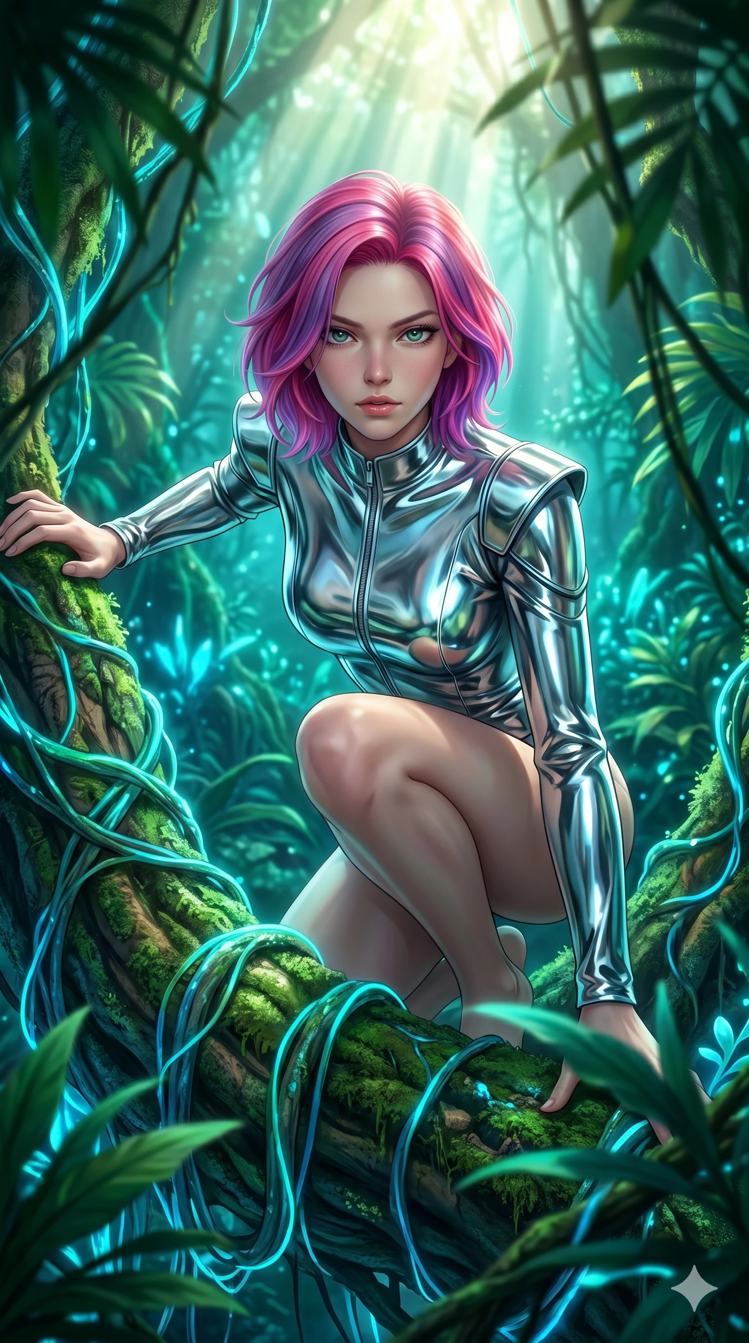 score_9, masterpiece, best quality, ultra-detailed, high-budget anime keyframe, editorial fashion photography, tasteful artistic composition, Caucasian woman, strictly human ears. Upper body close-up from the thighs up, character filling the screen for maximum presence. She is crouching dynamically on a massive bioluminescent jungle root, wrapped in glowing vines. She leans close to the camera, looking through the foliage with a piercing, animalistic gaze. She has an absolutely perfect 8-heads proportion, a tall and elegant figure with a refined silhouette and a defined waistline. V-shaped jawline, high-bridge nose, intricate jewel-like eyes with depth, thick eyelashes, glossy lips with a natural sheen. She is wearing a sleek tailored top in liquid-chrome finish that complements her silhouette, styled with sophisticated architectural shoulder accents and a modern zip collar. The scene is bathed in bright sunbeams filtering through a dense canopy and glowing cyan ambient forest light. 2k, ultra detail, master piece, 9:16 ratio