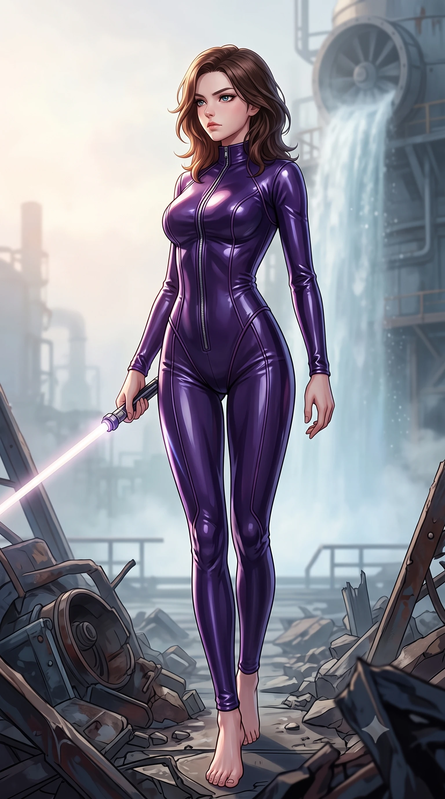 score_9, masterpiece, best quality, ultra-detailed, high-budget anime keyframe, editorial fashion photography, tasteful artistic composition, Korean woman. low angle full-body shot from head to toe showing her feet, filling the entire 9:16 vertical frame with her statuesque presence, stretching her vertical silhouette. stepping gracefully through battlefield debris with a glowing saber hilt in hand, looking back over her shoulder, the background shows a soft-focus a steam turbine deck facing a misty waterfall of industrial cooling water. She has an absolutely perfect, statuesque 8.5-heads proportion, an exceptionally tall and slender model-like female figure with impossibly long slender legs and an ultra-slim waist. sharp v-shaped jawline, high-bridge nose, intricate jewel-like eyes with depth, thick eyelashes, glossy lips with a natural sheen. wearing a body-hugging form-contouring pilot flight suit in deep purple liquid vinyl, featuring a snug mock-neck and chrome zipper details. soft morning mist diffusing the sunlight, creating a tranquil, cozy wash. highly saturated vibrant anime colors, detailed shading with soft gradients, rich glossy textures, high-contrast stereoscopic depth, volumetric dynamic lighting, master piece, 9:16 ratio