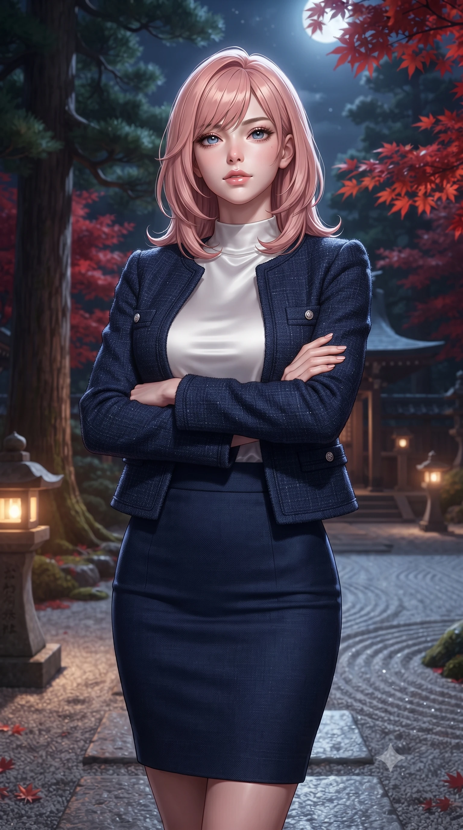 score_9, masterpiece, best quality, ultra-detailed, high-budget anime keyframe, editorial fashion photography, tasteful artistic composition, Japanese woman. close-up cowboy shot from the waist and thighs up, the character dominates the composition, filling the frame with her large presence, background elements kept in soft focus. Crossing her arms with serene confidence and chin slightly raised. set against a soft-focus background of a traditional Japanese Shinto shrine courtyard at night with stone lanterns casting warm pools of light ancient cedar trees autumn maple leaves in brilliant red and a raked gravel garden gleaming in moonlight. She has an exceptionally elegant and slender, willowy female figure with an ultra-slim waist, a gracefully sculpted slender torso, and a refined slim physique. sharp v-shaped jawline, high-bridge nose, intricate jewel-like eyes with depth, thick eyelashes, glossy lips with a natural sheen. wearing a navy blue tweed jacket over a white satin mock-neck top, paired with a matching navy blue pencil skirt. warm amber light from stone lanterns at ground level mixed with cool silver moonlight from above creating a serene Japanese atmosphere with deep contrasting shadows. 2k, ultra detail, master piece, 9:16 ratio