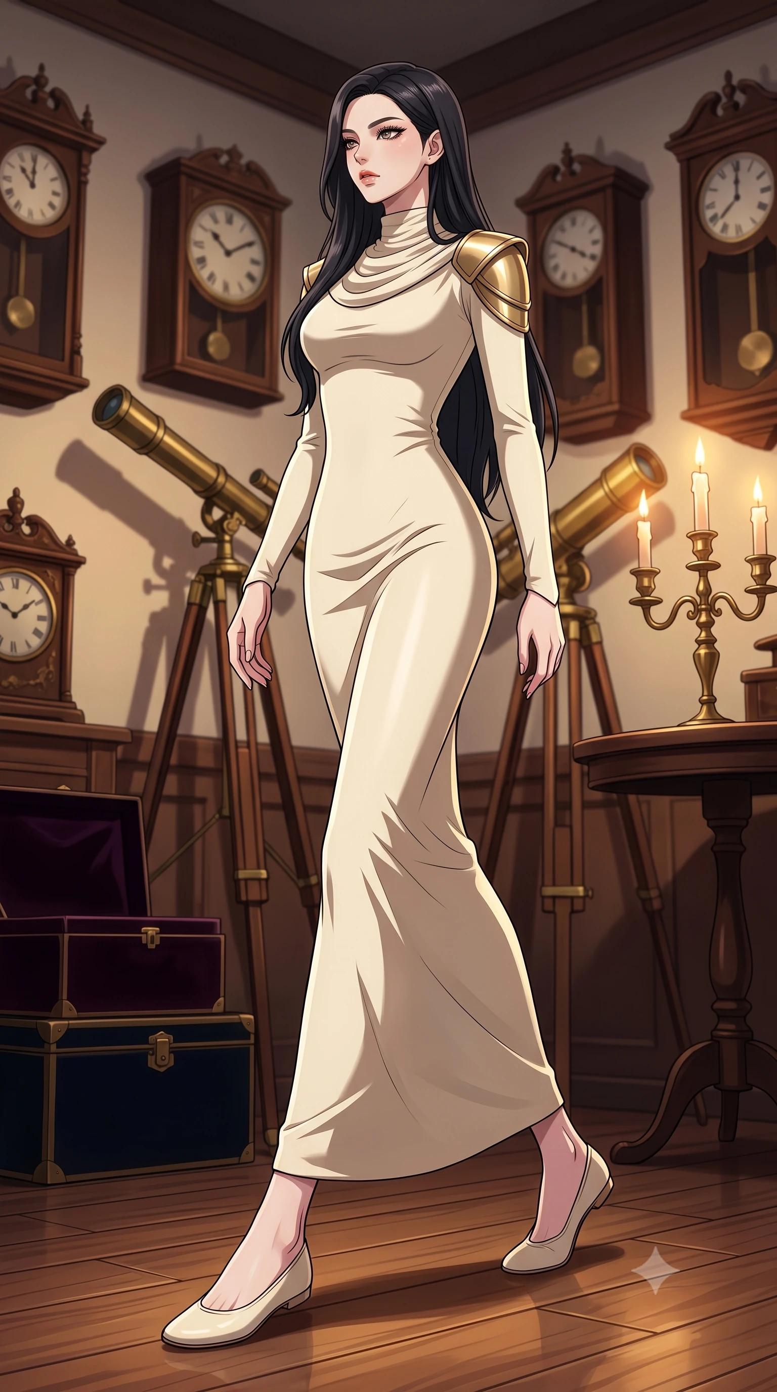 score_9, masterpiece, best quality, ultra-detailed, high-budget anime keyframe, tasteful artistic composition, Korean woman. low angle full-body shot from head to toe showing her feet, filling the entire 9:16 vertical frame with her statuesque presence, stretching her vertical silhouette. stepping gracefully while looking back over her shoulder, her dress draped tightly to reveal her silhouette the background shows a soft-focus an antique shop corner filled with vintage clocks, telescopes, and velvet boxes. She has an absolutely perfect, statuesque 8.5-heads proportion, an exceptionally tall and slender model-like female figure with impossibly long slender legs and an ultra-slim waist. sharp v-shaped jawline, high-bridge nose, intricate jewel-like eyes with depth, thick eyelashes, glossy lips with a natural sheen. wearing a slim-fit elegant galactic senate gown in cream cashmere, featuring structured metallic gold shoulder guards and a high-neck drape. warm candlelight casting dramatic shadows on the brass instruments. highly saturated vibrant anime colors, cel-shading, 2d style, master piece, 9:16 ratio