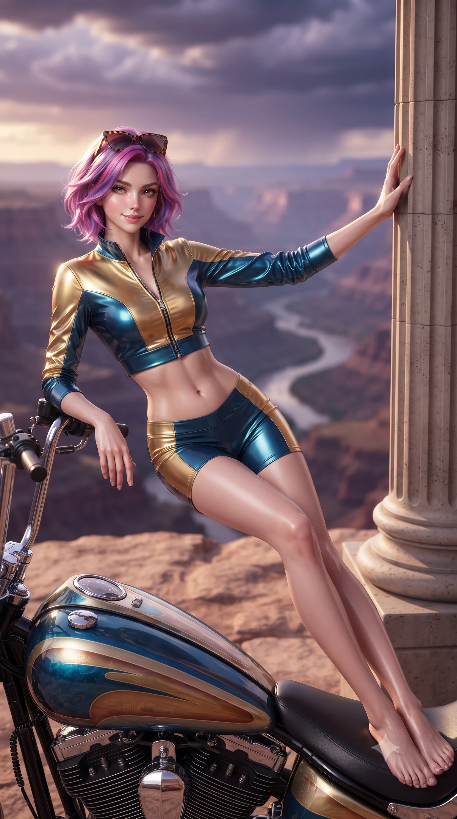 score_9, masterpiece, best quality, ultra-detailed, high-budget anime keyframe, editorial fashion photography, tasteful artistic composition, Caucasian woman. low angle full-body shot from head to toe showing her feet, filling the entire 9:16 vertical frame with her statuesque presence, stretching her vertical silhouette. standing tall beside the architectural column, one hand resting high while arching her lower back to emphasize her sculpted feminine hips and slender waist while lounging across the elongated motorcycle fuel tank propped on one elbow, her flat midriff and long slender legs commanding the panoramic vista. The background shows a soft-focus the vast labyrinth of canyon chasms, snaking river miles below, and distant storm clouds blurred into purple, terracotta, and amber bokeh. She has an absolutely perfect, statuesque 8.5-heads proportion, an exceptionally tall and slender model-like female figure with impossibly long slender legs, an ultra-slim waist, a flat toned midriff, narrow delicate ribcage, and beautifully sculpted feminine hips creating a graceful, slim hourglass silhouette without any bulky heaviness. sharp v-shaped jawline, high-bridge nose, sparkling eyes with hypnotic seductive depth, thick curled eyelashes, glossy parted lips with a natural dewy peach sheen, alluring bedroom-eyes with an enchanting coquettish smile, exuding magnetic siren charisma and sophisticated glamour, flawlessly proportioned anatomical accuracy, strict slender model proportions, natural body alignment, perfectly sculpted long slender limbs, ultra-slim waistline, clean dynamic posture without body distortion. wearing a modern two-piece desert outlaw set featuring a zip-front crop jacket and curve-hugging low-rise biker shorts in molten liquid gold and deep ocean sapphire, crafted from smooth liquid-tight stretch jersey emphasizing every curve of her body, complemented by oversized designer tortoiseshell sunglasses resting atop her head, the second-skin tailored fabric adhering flawlessly to her sculpted flat midriff and slender torso, emphasizing her long leg lines and perfectly proportioned willowy build. illuminated by chrome mirror reflections and sharp platinum-gold rim lights sculpting her jawline, ultra-slim waist, and curvy hips. ultra-reflective glossy finish, specular highlights, rich textural contrasts, high-contrast stereoscopic depth, volumetric dynamic lighting, 2k, ultra detail, master piece, 9:16 ratio
