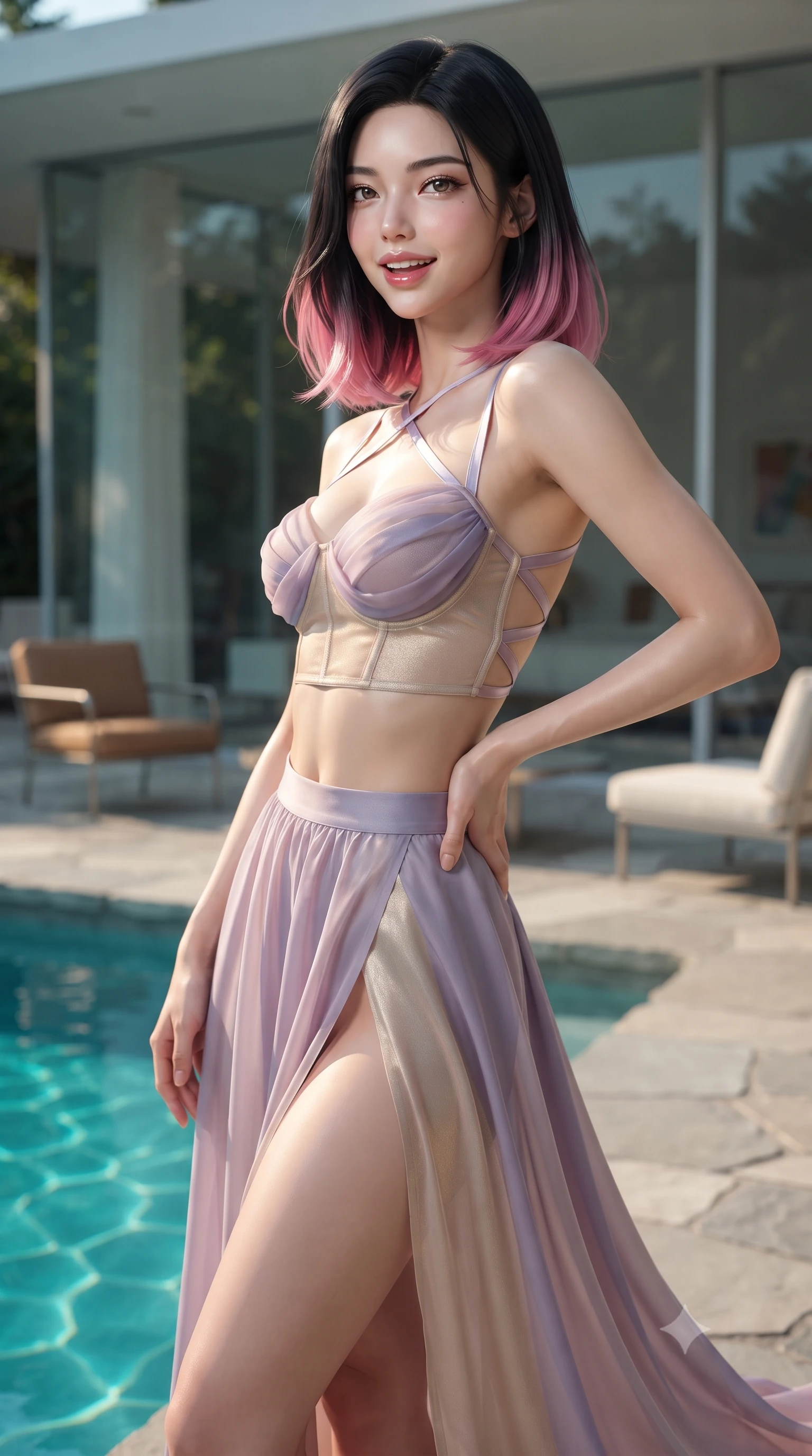 score_9, masterpiece, best quality, ultra-detailed, high-budget anime keyframe, editorial fashion photography, tasteful artistic composition, Korean woman. close-up cowboy shot from the waist and thighs up, the character dominates the composition, filling the frame with her large presence. twisting her slender torso in an alluring contrapposto stance, one hand resting on her sculpted hip while flashing a charming, playful smile with parted glossy lips while twisting her slender torso in an alluring contrapposto stance, her tailored resort shorts set accentuating her flat midriff and feminine hips. The composition keeps background elements in soft focus with dreamy creamy bokeh. minimalist modernist glass walls and flagstone patio furniture softened in retro-luxury shallow focus. She has an exceptionally elegant, slender, and willowy female figure with an ultra-slim waist, flat toned midriff, narrow ribcage, and sculpted feminine hips creating an alluring, slim hourglass silhouette without bulk. sharp v-shaped jawline, high-bridge nose, sparkling amber-hazel eyes with depth, long lush eyelashes, glossy sun-kissed lips with a warm coral glaze, radiant teasing smile with sensual sunlit bedroom-eyes, exuding effortless old-money elegance and intoxicating sun-drenched allure, flawlessly proportioned anatomical accuracy, strict slender model proportions, natural body alignment, perfectly sculpted long slender limbs, ultra-slim waistline, clean dynamic posture without body distortion. wearing a flowing high-slit silk chiffon resort skirt paired with an architectural bustier top framing her flat midriff in soft lavender violet and champagne shimmer, tailored from airy semi-sheer chiffon that flutters gently in the evening breeze, finished with criss-cross back satin straps highlighting her graceful shoulder blades, the high-waisted tailoring accentuating her ultra-slim waistline and the enchanting curve of her feminine hips with alluring sunlit charm. illuminated by turquoise pool water caustics and sharp amber rim lighting sculpting her razor-sharp jawline, narrow waist, and curvy hips. ultra-reflective glossy finish, specular highlights, rich textural contrasts, high-contrast stereoscopic depth, volumetric dynamic lighting, 2k, ultra detail, master piece, 9:16 ratio
