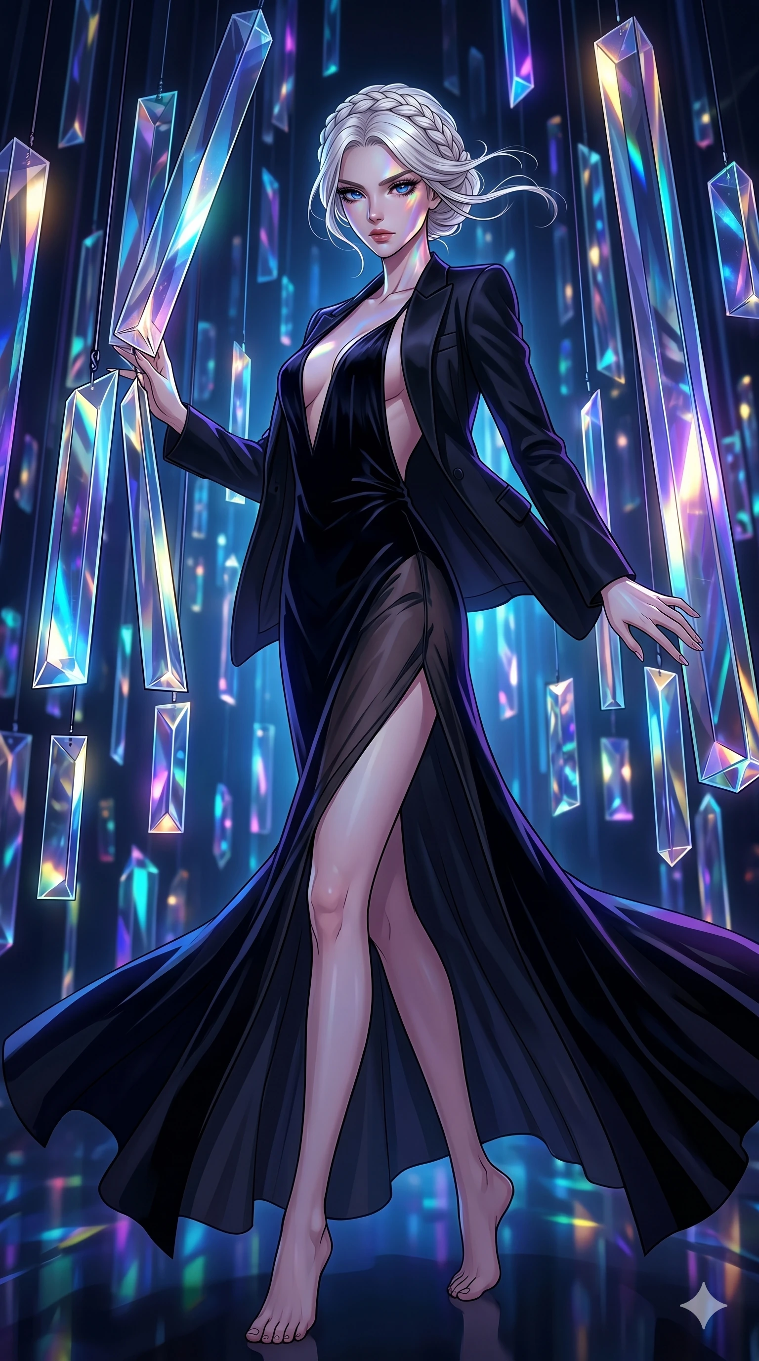 score_9, masterpiece, best quality, ultra-detailed, high-budget anime movie keyframe, cinematic anime lighting, intricate line art, Caucasian (strictly human ears) anime girl. Low angle cowboy shot capturing a powerful motion and statuesque presence. twisting through a maze of hanging prisms that refract light. She has an absolutely perfect 8-heads proportion, an exceptionally tall and slender female figure with an ultra-slim waist and impossibly long slender legs. strictly human anatomy, two legs only, no extra limbs, clearly defined legs and arms, perfect anatomy, perfect hands and fingers. sharp v-shaped jawline, high-bridge nose, intricate jewel-like eyes, thick eyelashes, glossy lips. Wearing High-Fashion Editorial: Silk slip dress with high side slit, backless velvet gown, and structured blazer with nothing underneath. The scene is illuminated by dramatic atmospheric lighting and vibrant color palettes. , 2k, ultra detail, master piece, 9:16 ratio