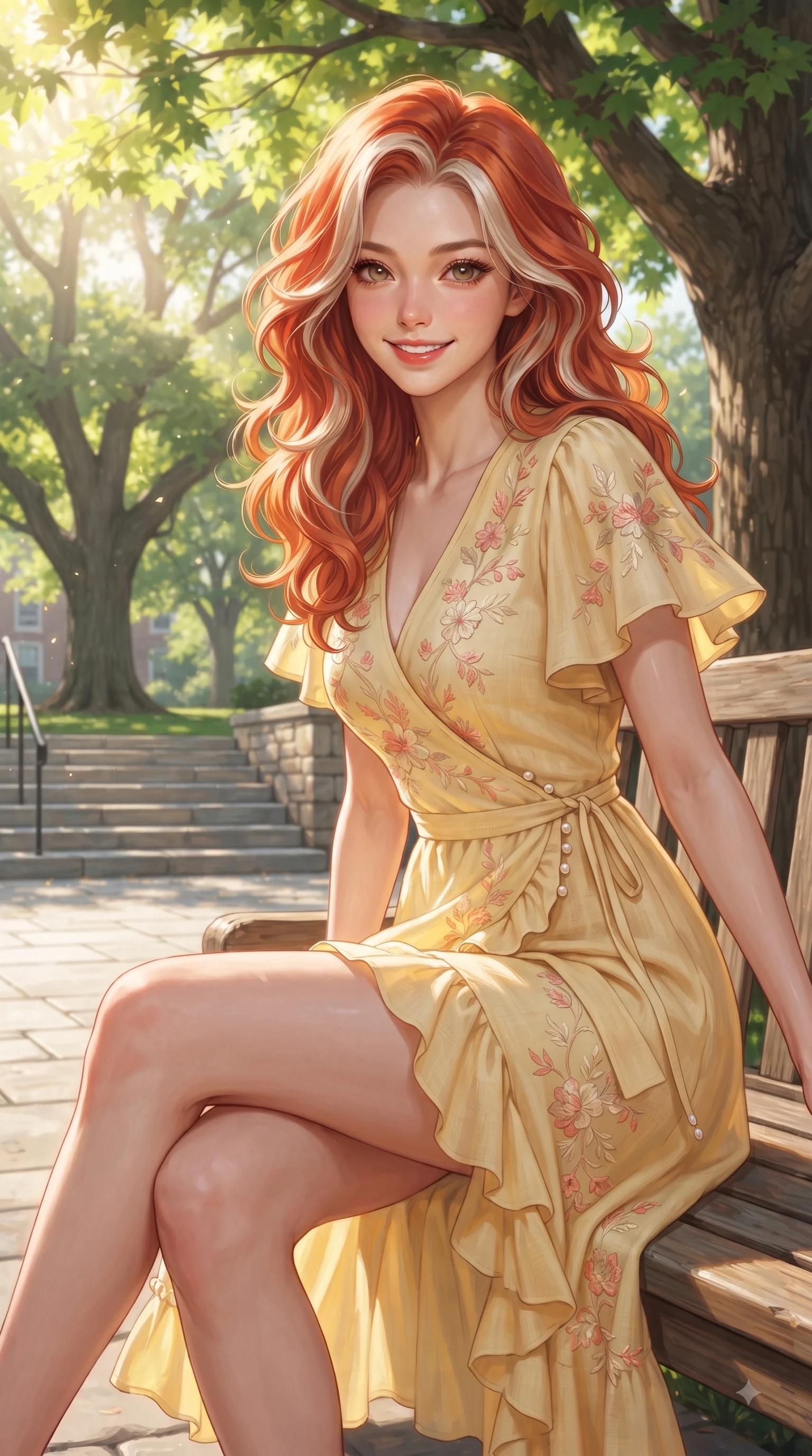 score_9, masterpiece, best quality, ultra-detailed, high-budget anime keyframe, editorial fashion photography, tasteful artistic composition, Caucasian woman. close-up cowboy shot from the waist and thighs up, the character dominates the composition, filling the frame with her large presence. Gazing directly into the camera with a fresh, infectious smile as her torso curves dynamically in mid-stride while sitting on a sunlit wooden bench under a shady maple tree on a bright morning campus. The surrounding environment is rendered in vivid detail and crisp panoramic clarity. bright spring sunbeams illuminating campus stone steps and oak trees with environmental clarity. She has an exceptionally elegant, slender, and willowy female figure with an ultra-slim waist, a gracefully sculpted slender torso, and a refined silhouette. sharp v-shaped jawline, high-bridge nose, intricate jewel-like eyes with depth, thick eyelashes, glossy lips with a natural sheen, flawlessly proportioned anatomical accuracy, natural body alignment, perfectly sculpted elegant limbs, clean dynamic posture without body distortion. wearing an elegant butter-yellow wrap midi dress with subtle floral embroidery and flutter sleeves in warm coral pink and champagne ivory, crafted from soft breathable linen, finished with subtle ruffle trims and delicate pearl buttons, the breezy lightweight fabric fluttering softly against her delicate frame. bathed in brilliant sunny morning light filtering through tree canopies. ultra-reflective glossy finish, specular highlights, metallic sheen, high-contrast stereoscopic depth, volumetric dynamic lighting, 2k, ultra detail, master piece, 9:16 ratio