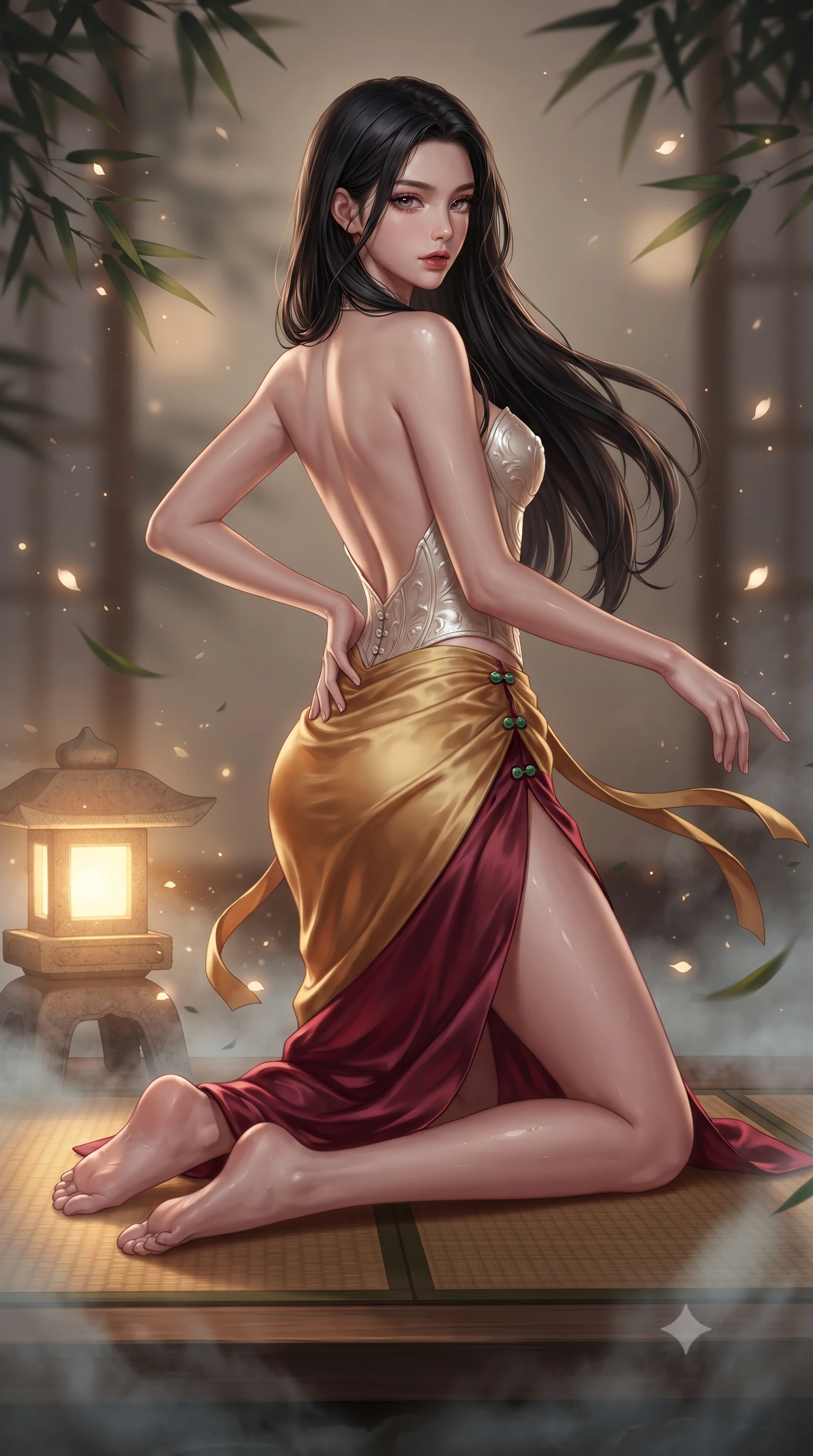 score_9, masterpiece, best quality, ultra-detailed, high-budget anime keyframe, editorial fashion photography, tasteful artistic composition, Korean woman. low angle full-body shot from head to toe showing her feet, filling the entire 9:16 vertical frame with her statuesque presence, stretching her vertical silhouette. executing an elegant mid-motion pivot turn as garments swirl around her slender limbs, glancing over her shoulder with an intoxicating bedroom-gaze while kneeling gracefully on the warm tatami deck beside a glowing stone lantern, one hand resting on her bare hip as cool river mist curls around her. The composition keeps background elements in soft focus with creamy bokeh. drifting bamboo leaves and glowing lantern light rays scattering soft luminous light motes. She has an absolutely perfect, statuesque 8.5-heads proportion, an exceptionally tall and slender model-like female figure with impossibly long slender legs, a toned flat midriff, an ultra-slim waist, and beautifully sculpted feminine hips. sharp v-shaped jawline, high-bridge nose, intricate jewel-like eyes with depth, thick eyelashes, glossy parted lips with a natural sheen, intensely captivating and seductive bedroom-eyes expression, flawlessly proportioned anatomical accuracy, strict slender model proportions, natural body alignment, perfectly sculpted long slender limbs, ultra-slim waistline, clean dynamic posture without body distortion. wearing a sculpted mother-of-pearl corset top paired with a draped high-slit silk sarong skirt in imperial gold and deep crimson silk, tailored from smooth liquid silk satin adhering seamlessly to her wet skin, finished with genuine jade button closures and floating celestial silk ribbons, the dramatically scooped open back descending to the base of her spine, accentuating her razor-sharp statuesque lines and curvy hourglass silhouette. illuminated by wet specular highlights accentuating her slender neckline, sculpted waist, and rounded hips. ultra-reflective glossy finish, specular highlights, rich textural contrasts, high-contrast stereoscopic depth, volumetric dynamic lighting, 2k, ultra detail, master piece, 9:16 ratio