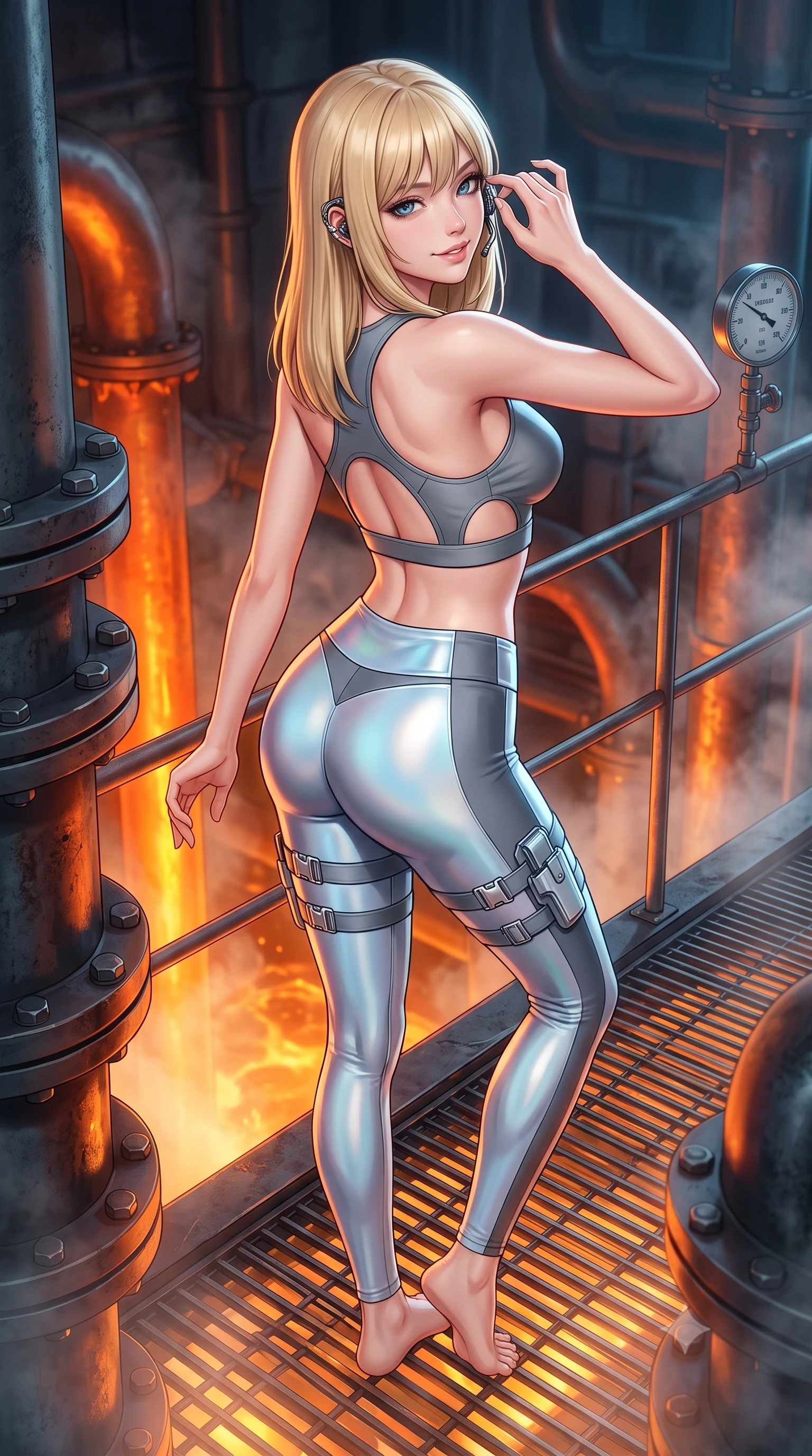 score_9, masterpiece, best quality, ultra-detailed, high-budget anime keyframe, semi-realistic 3D game render, editorial fashion photography, tasteful artistic composition, Japanese woman. close-up cowboy shot from the waist and thighs up, the character dominates the composition, filling the frame with her large presence. tilting her head with a captivating smile while arching her spine with dancer poise, one hand adjusting her ear comm-link in a flirtatious S-curve while standing poised on a heavy steel catwalk suspended above the glowing geothermal reactor, arching her back with fearless supermodel poise. The surrounding environment is rendered in vivid detail and crisp panoramic clarity: sharp heavy pipe flange bolts, steel catwalk grating textures, and steam pressure dial clarity in deep focus. She has an exceptionally elegant, slender, and willowy female figure with an ultra-slim waist, flat toned midriff, narrow ribcage, and sculpted feminine hips creating an alluring, slim hourglass silhouette without bulk. sharp v-shaped jawline, high-bridge nose, intricate jewel-like sparkling eyes with depth, thick eyelashes, glossy parted lips with a natural sheen, bright confident smile with an enchanting and coquettish sensual glint, exuding both youthful magnetic charm and sovereign high-tech allure, flawlessly proportioned anatomical accuracy, strict slender model proportions, natural body alignment, perfectly sculpted long slender limbs, ultra-slim waistline, clean dynamic posture without body distortion. wearing a tactical racerback athletic crop top paired with skin-tight high-waisted holographic combat leggings in reflective liquid mercury and matte phantom grey, made of supple second-skin compression stretch jersey clinging flawlessly to her form, finished with polished chrome buckle hardware and modular magnetic holster clasps, the precision-cut side openings and low-back scoop framing her graceful spine and the sensual sweep of her slim, toned hips. bathed in dynamic fiery orange and molten amber glow from geothermal pipes contrasting with cool shadows. highly saturated vibrant anime colors, detailed shading with soft gradients, rich glossy textures, high-contrast stereoscopic depth, volumetric dynamic lighting, master piece, 9:16 ratio