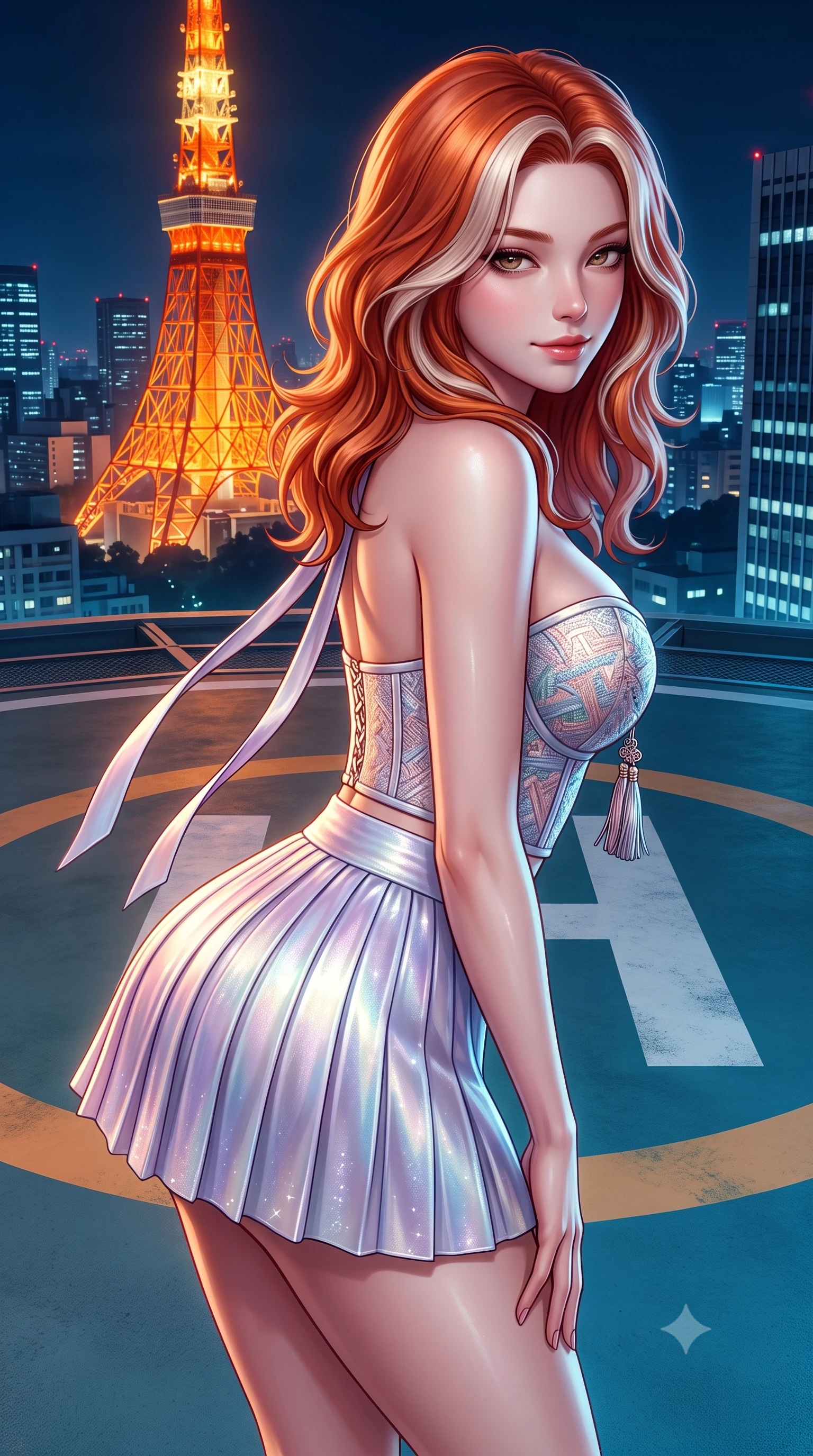 score_9, masterpiece, best quality, ultra-detailed, high-budget anime keyframe, semi-realistic 3D game render, editorial fashion photography, tasteful artistic composition, Caucasian woman. close-up cowboy shot from the waist and thighs up, the character dominates the composition, filling the frame with her large presence. leaning forward while arching her lower back to accentuate her curvy hips, looking into the camera with an intoxicating smoldering gaze and bedroom-eyes while standing tall on the giant painted rooftop helipad with hips cocked back, arching her spine with effortless supermodel poise against the red tower. The surrounding environment is rendered in vivid detail and crisp panoramic clarity: detailed second-skin jumpsuit cling, glossy lip sheen, and retro high-rise architectural lines in high resolution. She has an exceptionally elegant, slender, and willowy female figure with an ultra-slim waist, flat toned midriff, narrow ribcage, and sculpted feminine hips creating an alluring, slim hourglass silhouette without bulk. sharp v-shaped jawline, high-bridge nose, sparkling eyes with hypnotic seductive depth, thick curled eyelashes, glossy parted lips with a natural dewy peach sheen, alluring bedroom-eyes with an enchanting coquettish smile, exuding magnetic siren charisma and sophisticated glamour, flawlessly proportioned anatomical accuracy, strict slender model proportions, natural body alignment, perfectly sculpted long slender limbs, ultra-slim waistline, clean dynamic posture without body distortion. wearing a modern strapless boned hanbok bustier with traditional norigae tassel accents paired with a micro-pleated silk mini skirt in iridescent mother-of-pearl and misty lavender, woven from stretch metallic lurex jersey casting radiant starlight glints across her silhouette, finished with long silk ribbon ties fluttering down her bare spine from a backless halter, the glove-like clinging cut tightly following the natural contour of her hips and long slender legs with youthful 8.5-heads elegance. bathed in the warm orange radiance of Tokyo Tower mixed with cool metropolitan night ambient fill. highly saturated vibrant anime colors, detailed shading with soft gradients, rich glossy textures, high-contrast stereoscopic depth, volumetric dynamic lighting, master piece, 9:16 ratio