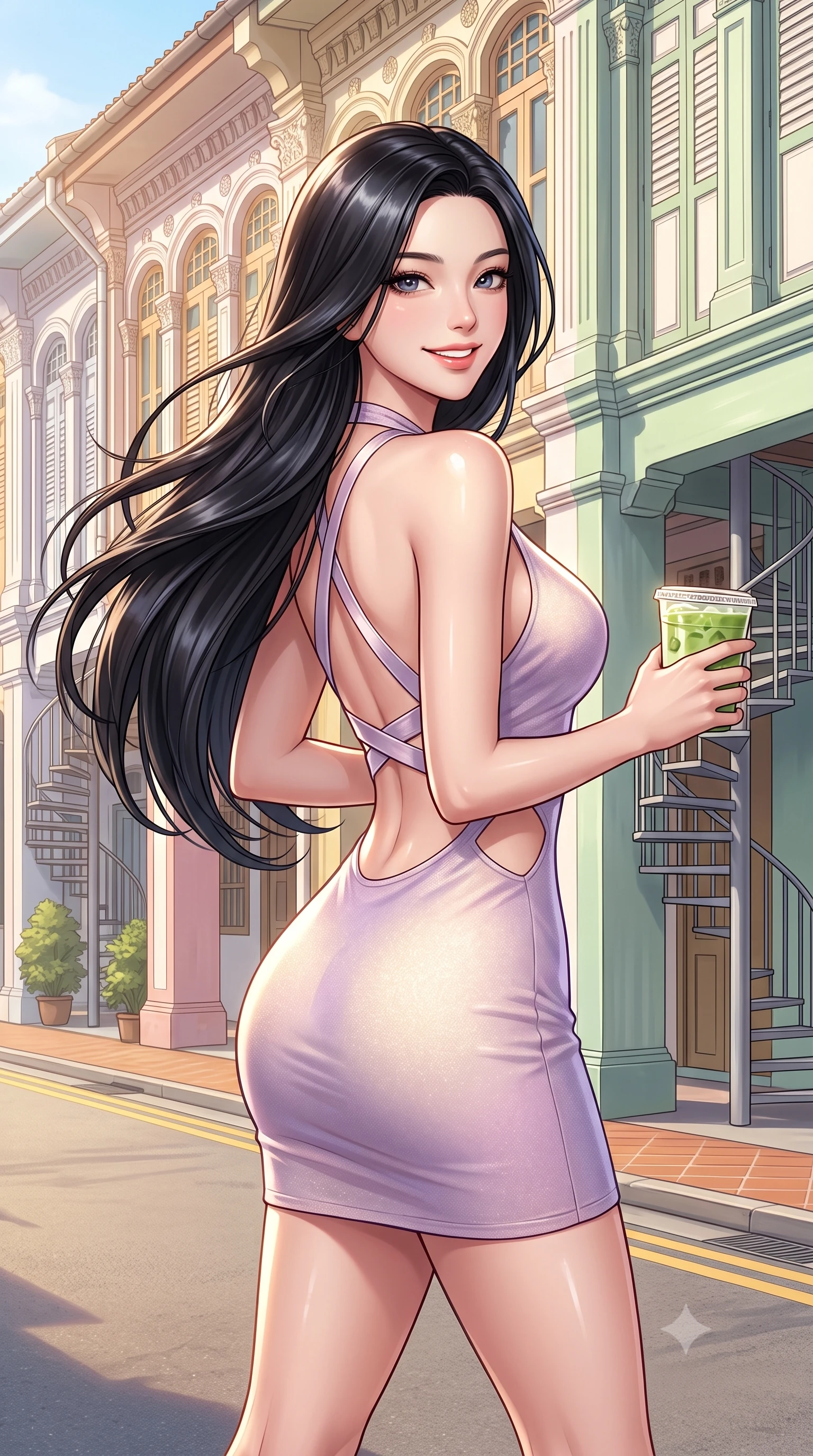 score_9, masterpiece, best quality, ultra-detailed, high-budget anime keyframe, semi-realistic 3D game render, editorial fashion photography, tasteful artistic composition, Korean woman. close-up cowboy shot from the waist and thighs up, the character dominates the composition, filling the frame with her large presence. turning playfully with a bright confident smile, her glossy hair tossing in the breeze as her hips angle gracefully in a captivating contrapposto while walking down the quiet heritage street with an iced matcha latte in hand, her form-contouring casual chic outfit accentuating her narrow waist and rounded hips. The surrounding environment is rendered in vivid detail and crisp panoramic clarity. detailed linen outfit drape, warm sunlight glints on skin, and Tiong Bahru heritage architecture in high resolution. She has an exceptionally elegant, slender, and willowy female figure with an ultra-slim waist, flat toned midriff, narrow ribcage, and sculpted feminine hips creating an alluring, slim hourglass silhouette without bulk. sharp v-shaped jawline, high-bridge nose, intricate jewel-like sparkling eyes with depth, thick eyelashes, glossy parted lips with a natural peach sheen, bright cheerful beaming smile with an enchanting and coquettish sensual glint, exuding both youthful cute charm and seductive allure, flawlessly proportioned anatomical accuracy, strict slender model proportions, natural body alignment, perfectly sculpted long slender limbs, ultra-slim waistline, clean dynamic posture without body distortion. wearing a backless pastel halter sundress with side-waist diamond cutouts and an ultra-fitted hip-hugging silhouette in soft lilac and champagne shimmer, crafted from soft cozy cashmere yarn with an airy drape, finished with criss-cross back satin straps highlighting her graceful shoulder blades, the glove-like silhouette tightly following the natural contour of her hips and long slender legs with youthful 8.5-heads elegance. bathed in warm, luminous tropical morning sunlight streaming into the secluded courtyard. highly saturated vibrant anime colors, detailed shading with soft gradients, rich glossy textures, high-contrast stereoscopic depth, volumetric dynamic lighting, master piece, 9:16 ratio