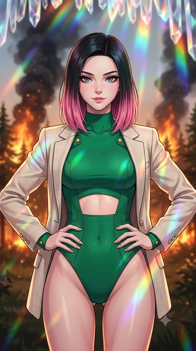 score_9, masterpiece, best quality, ultra-detailed, high-budget anime keyframe, clean line-art, cel-shading, Korean woman. close-up cowboy shot from the waist and thighs up, the character dominates the composition, filling the frame with her large pr