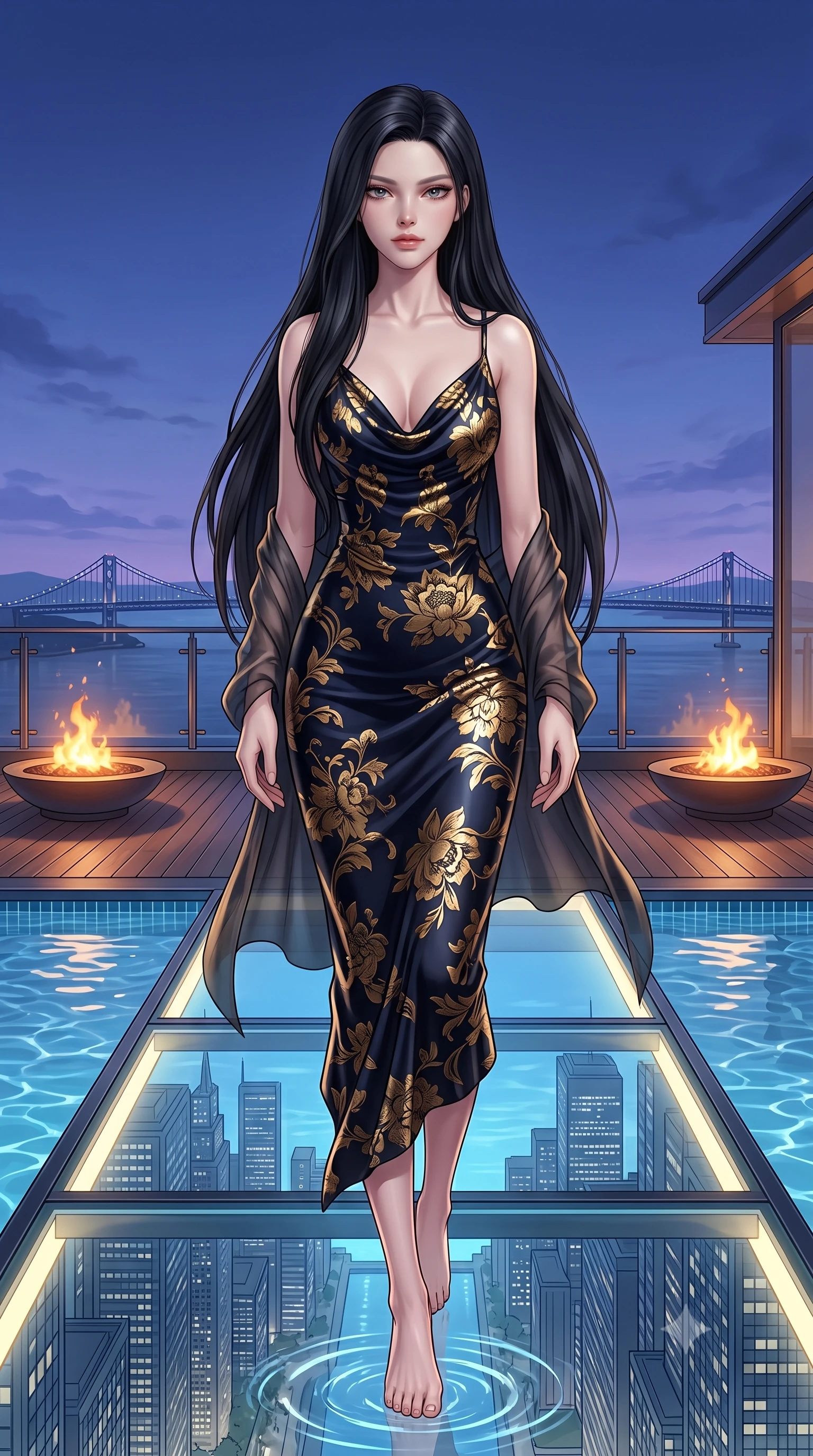 score_9, masterpiece, best quality, ultra-detailed, high-budget anime keyframe, semi-realistic 3D game render, editorial fashion photography, tasteful artistic composition, Korean woman. low angle full-body shot from head to toe showing her feet, filling the entire 9:16 vertical frame with her statuesque presence, stretching her vertical silhouette. landing lightly on the balls of her feet in a balanced kinetic stance, eyes locked onto the camera with fearless allure while striding along the illuminated glass deck with effortless high-fashion authority and statuesque poise. The surrounding environment is rendered in vivid detail and crisp panoramic clarity. detailed skyscraper skyline panoramas, distant suspension bridges, and pool water ripples in high resolution. She has an absolutely perfect, statuesque 8.5-heads proportion, an exceptionally tall and slender model-like female figure with impossibly long slender legs, a toned flat midriff, and an ultra-slim waist. sharp v-shaped jawline, high-bridge nose, intricate jewel-like eyes with depth, thick eyelashes, glossy lips with a natural sheen, captivating and magnetic expression, flawlessly proportioned anatomical accuracy, strict slender model proportions, natural body alignment, perfectly sculpted long slender limbs, ultra-slim waistline, clean dynamic posture without body distortion. wearing a liquid jersey evening slip dress with a draped cowl back swooping down to her waist in midnight obsidian black and liquid gold, made of rich embossed floral silk jacquard with subtle gold thread, finished with a gossamer silk shawl draped loosely over her elbows, the form-contouring material adhering flawlessly to her sculpted flat midriff and slender torso, emphasizing her long leg lines and perfectly proportioned willowy build. bathed in twilight indigo sky tones and warm amber rooftop fire pit glow. highly saturated vibrant anime colors, detailed shading with soft gradients, rich glossy textures, high-contrast stereoscopic depth, volumetric dynamic lighting, master piece, 9:16 ratio