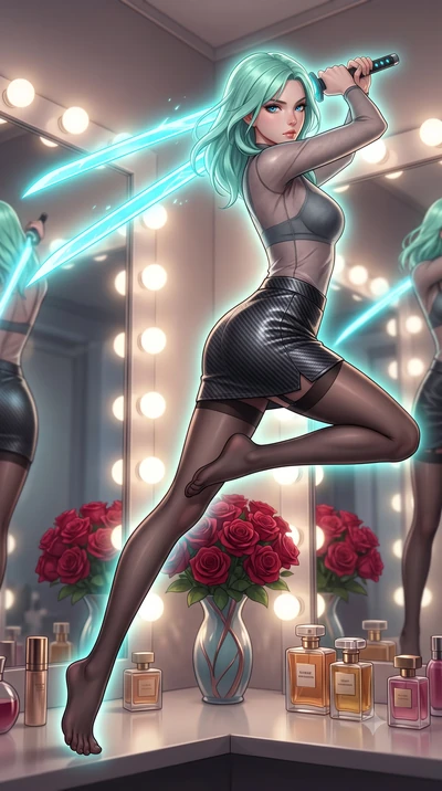 score_9, masterpiece, best quality, ultra-detailed, high-budget anime keyframe, editorial fashion photography, tasteful artistic composition, Japanese woman. low angle full-body shot from head to toe showing her feet, filling the entire 9:16 vertical