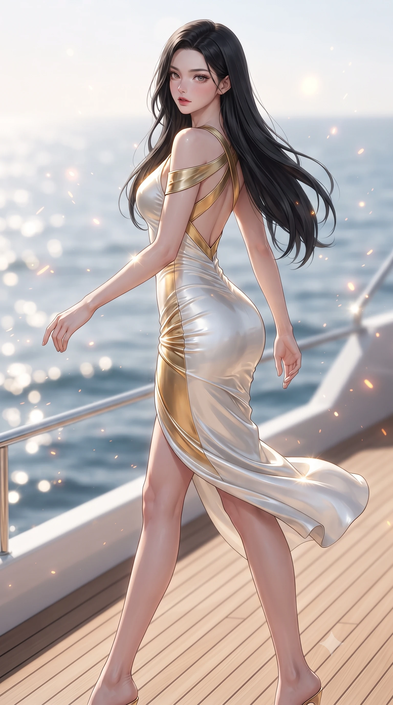 score_9, masterpiece, best quality, ultra-detailed, high-budget anime keyframe, editorial fashion photography, tasteful artistic composition, Korean woman. low angle full-body shot from head to toe showing her feet, filling the entire 9:16 vertical frame with her statuesque presence, stretching her vertical silhouette. reclining on her side in an elegant Cleopatra pose with one knee drawn up, the dramatic contour of her rounded hips and long slender legs commanding the 9:16 vertical frame while striding across the teak deck before pausing to pivot her hips in an alluring 3/4 rear view, sea breeze fluttering her form-fitting garments. The composition keeps background elements in soft focus with creamy bokeh. sunlight sparkle on ocean crests and champagne fizz scattering warm radiant light motes. She has an absolutely perfect, statuesque 8.5-heads proportion, an exceptionally tall and slender model-like female figure with impossibly long slender legs, a toned flat midriff, an ultra-slim waist, and beautifully sculpted feminine hips. sharp v-shaped jawline, high-bridge nose, intricate jewel-like eyes with depth, thick eyelashes, glossy parted lips with a natural sheen, intensely captivating and seductive bedroom-eyes expression, flawlessly proportioned anatomical accuracy, strict slender model proportions, natural body alignment, perfectly sculpted long slender limbs, ultra-slim waistline, clean dynamic posture without body distortion. wearing a second-skin metallic jersey evening dress with an asymmetric open shoulder and hip-defining ruching in pristine resort white and polished brass gold, made of flexible bio-polymer knit with second-skin elasticity, accented with criss-cross back straps highlighting her graceful bare spine, the liquid-tight tailored fabric clinging flawlessly to her narrow waist and rounded feminine hips, emphasizing every millimeter of her sculpted hourglass curves during movement. illuminated by glowing specular sun glints defining her sculpted collarbones, ultra-slim waist, and curvy hips. ultra-reflective glossy finish, specular highlights, rich textural contrasts, high-contrast stereoscopic depth, volumetric dynamic lighting, 2k, ultra detail, master piece, 9:16 ratio