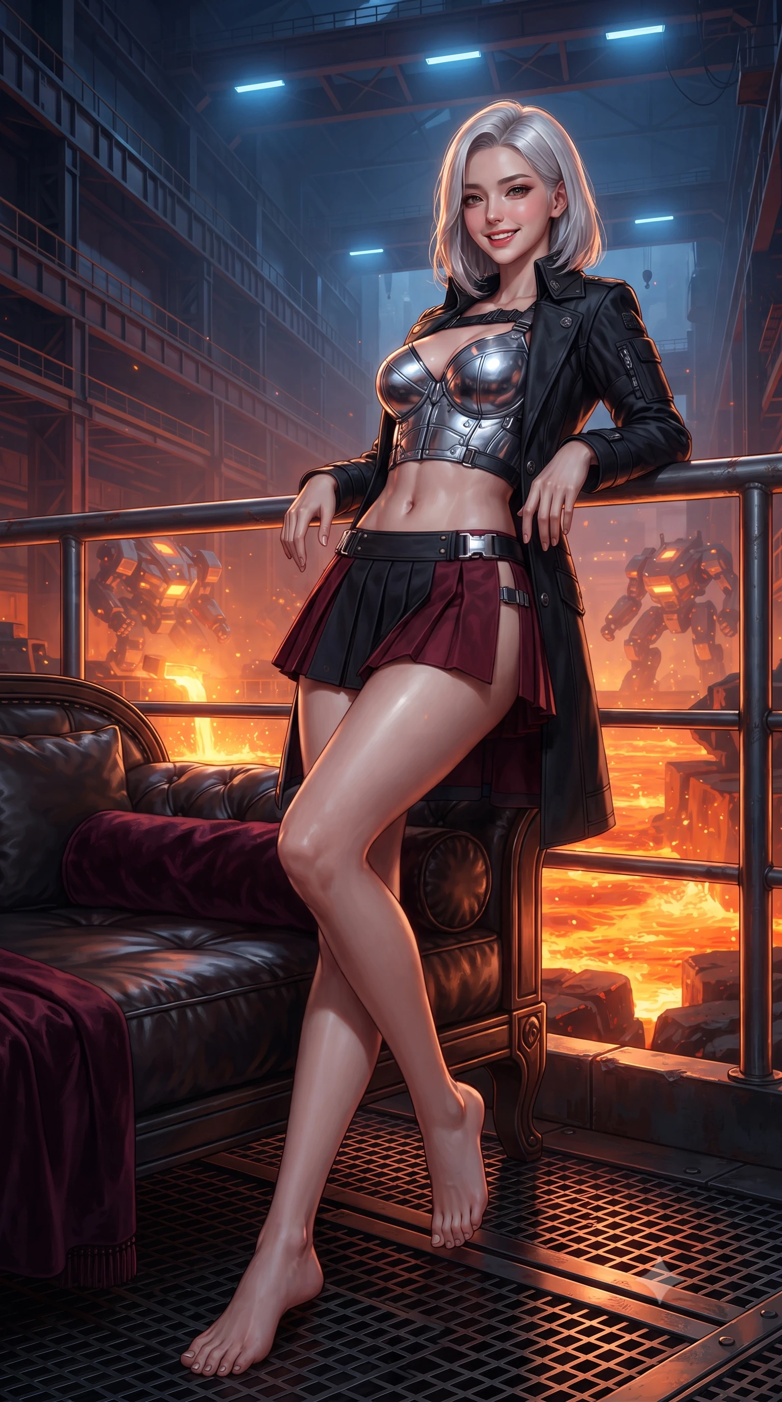 score_9, masterpiece, best quality, ultra-detailed, high-budget anime keyframe, editorial fashion photography, tasteful artistic composition, Korean woman. low angle full-body shot from head to toe showing her feet, filling the entire 9:16 vertical frame with her statuesque presence, stretching her vertical silhouette. lounging on the lavish daybed with legs crossed and hips angled toward the camera, displaying her toned midriff and long slender limbs with effortless siren poise while leaning against the thermal blast balustrade with hips cocked back, looking through rising copper heat ripples at glowing mech chassis with smoldering bedroom-eyes. The surrounding environment is rendered in vivid detail and crisp panoramic clarity: detailed tactical officer coat tailoring, carbon-fiber armor texture, and colossal industrial metallurgy architecture in razor-sharp precision. She has an exceptionally tall and slender model-like 8.5-heads proportion, an ultra-slim waist, a flat toned midriff, narrow delicate ribcage, and beautifully sculpted feminine hips creating a graceful, slim hourglass silhouette without any bulky heaviness, with impossibly long slender legs. sharp v-shaped jawline, high-bridge nose, intricate jewel-like sparkling eyes with depth, thick eyelashes, glossy parted lips with a natural peach sheen, bright cheerful beaming smile with an enchanting and coquettish sensual glint, exuding both youthful cute charm and seductive allure, flawlessly proportioned anatomical accuracy, strict slender model proportions, natural body alignment, perfectly sculpted long slender limbs, ultra-slim waistline, clean dynamic posture without body distortion. wearing a chrome-plated tactical combat bustier top with reinforced underwire paired with a low-rise pleated micro combat skirt in Star-Fortress obsidian black and imperial crimson, crafted from bespoke double-faced cashmere with an exceptionally soft tactile finish, finished with sleek magnetic buckle closures fluttering in the breeze, the precision-cut side openings and low-back scoop framing her graceful spine and the sensual sweep of her slim, toned hips. bathed in the intense warm 2000K radiant glow of molten titanium rivers contrasted with cool overhead blue safety strobes. ultra-reflective glossy finish, specular highlights, rich textural contrasts, high-contrast stereoscopic depth, volumetric dynamic lighting, 2k, ultra detail, master piece, 9:16 ratio