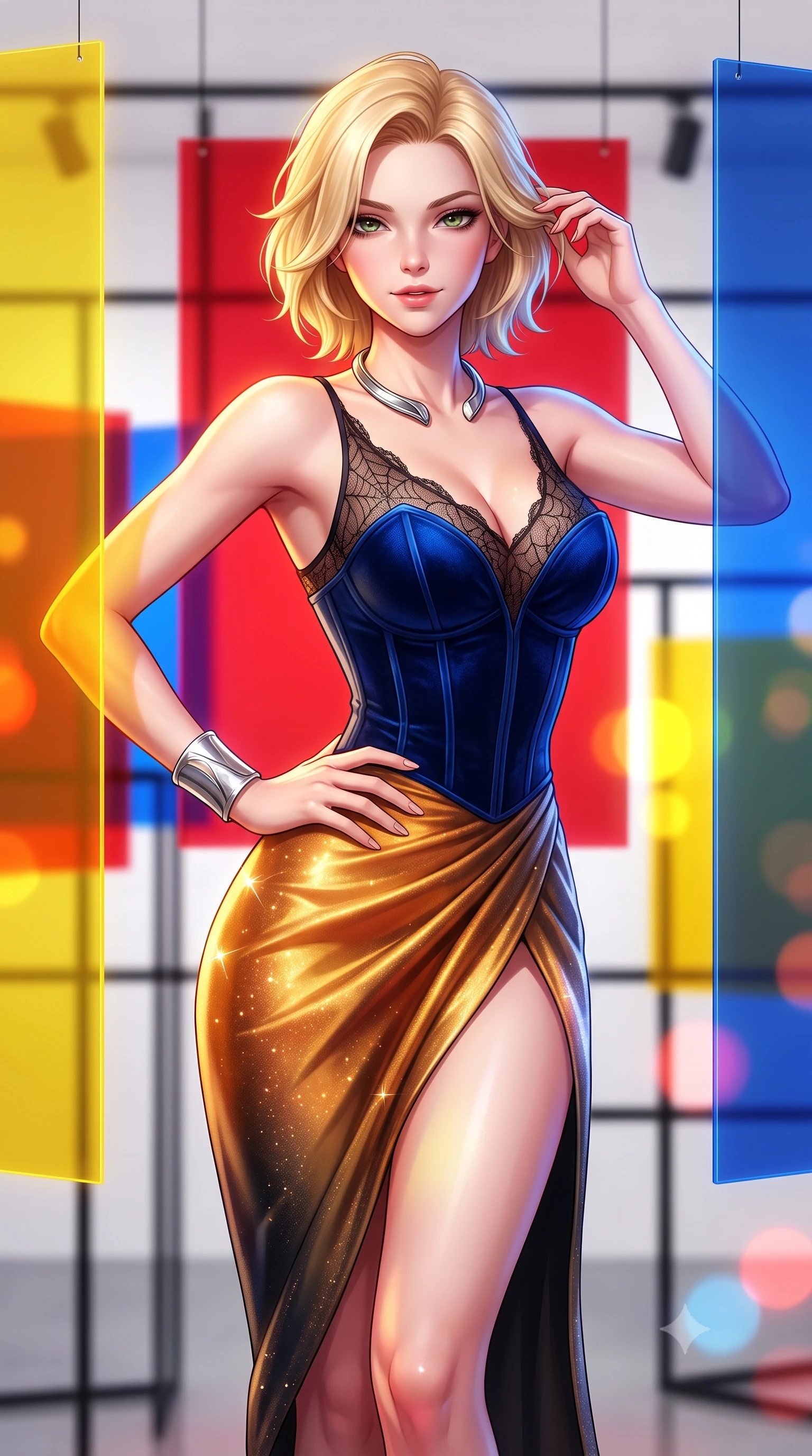 score_9, masterpiece, best quality, ultra-detailed, high-budget anime keyframe, semi-realistic 3D game render, editorial fashion photography, tasteful artistic composition, Caucasian woman. close-up cowboy shot from the waist and thighs up, the character dominates the composition, filling the frame with her large presence. twisting her slender torso in an alluring contrapposto stance, one hand resting on her sculpted hip while her fingers toy with her hair with effortless poise while standing poised between suspended sheets of primary yellow, red, and blue acrylic, arching her back with vibrant pop-art allure. The background shows a soft-focus glowing primary red, yellow, and blue acrylic screens, black grid lines, and white gallery walls blurred into vermilion, canary, and cobalt bokeh. She has an exceptionally elegant, slender, and willowy female figure with an ultra-slim waist, flat toned midriff, narrow ribcage, and sculpted feminine hips creating an alluring, slim hourglass silhouette without bulk. sharp v-shaped jawline, high-bridge nose, sparkling eyes with hypnotic seductive depth, thick curled eyelashes, glossy parted lips with a natural dewy peach sheen, alluring bedroom-eyes with an enchanting coquettish smile, exuding magnetic siren charisma and sophisticated glamour, flawlessly proportioned anatomical accuracy, strict slender model proportions, natural body alignment, perfectly sculpted long slender limbs, ultra-slim waistline, clean dynamic posture without body distortion. wearing a plunging sweetheart-neckline boned velvet underbust corset over a sheer spiderweb lace camisole and high-slit satin skirt in warm amber honey and antique gold leaf with dark shadow gradients, woven from stretch metallic lurex jersey casting radiant starlight glints across her silhouette, finished with a sculptural silver torque collar and a matching wide architectural wrist cuff, the high-slit wrap tailoring accentuating her ultra-slim waistline and the enchanting curve of her feminine hips with alluring seductive charm. bathed in shifting primary-color light beams transmitted through suspended translucent acrylic panels. highly saturated vibrant anime colors, detailed shading with soft gradients, rich glossy textures, high-contrast stereoscopic depth, volumetric dynamic lighting, master piece, 9:16 ratio