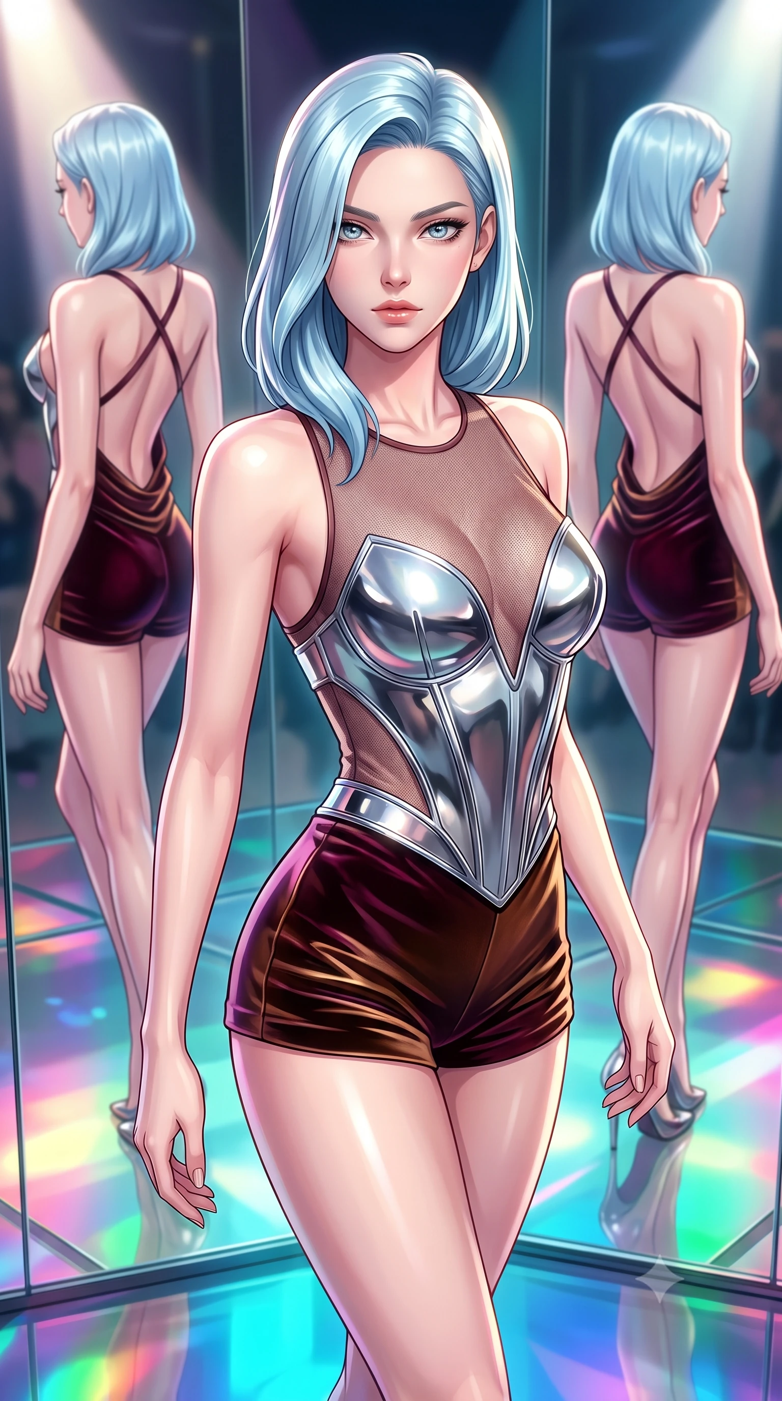 score_9, masterpiece, best quality, ultra-detailed, high-budget anime keyframe, editorial fashion photography, tasteful artistic composition, Korean woman. close-up cowboy shot from the waist and thighs up, the character dominates the composition, filling the frame with her large presence, background elements kept in soft focus. Holding a powerful dynamic pose with one hand on her hip and body angled dramatically toward the key light while pivoting gracefully on a glass floor drenched in vibrant multi-color light reflections, multiple mirror reflections capturing her statuesque form from dramatic angles. She has an exceptionally elegant, slender, and willowy female figure with an ultra-slim waist, a gracefully sculpted slender torso, and a refined silhouette. sharp v-shaped jawline, high-bridge nose, intricate jewel-like eyes with depth, thick eyelashes, glossy lips with a natural sheen, flawlessly proportioned anatomical accuracy, natural body alignment, perfectly sculpted elegant limbs, clean dynamic posture without body distortion. wearing a chrome-plated structured bodice worn over a sheer mesh top and micro-shorts in deep burgundy and bronze, made of premium stretch velvet with a rich sheen, complemented by criss-cross back straps highlighting her bare shoulders, the elegant draped fit framing her graceful clavicle and slender torso. illuminated by high-contrast studio spotlights with sharp specular highlights. highly saturated vibrant anime colors, detailed shading with soft gradients, rich glossy textures, high-contrast stereoscopic depth, volumetric dynamic lighting, master piece, 9:16 ratio