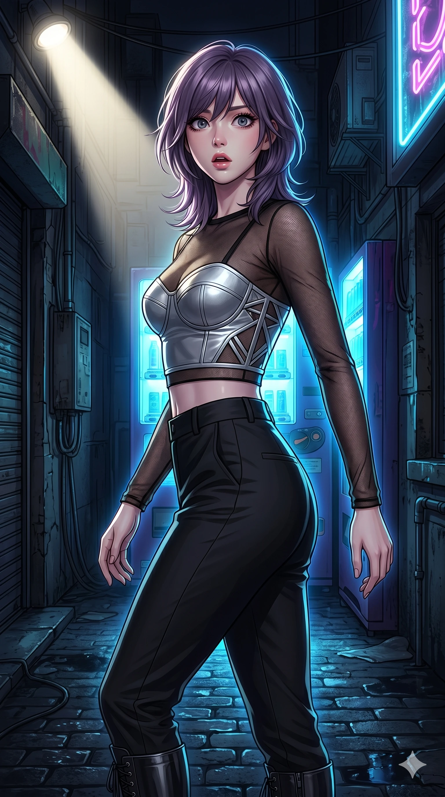 score_9, masterpiece, best quality, ultra-detailed, high-budget anime keyframe, editorial fashion photography, tasteful artistic composition, Japanese woman. cowboy shot from the thighs up, character and outfit filling the frame for maximum editorial presence. gasping slightly with a shocked look, her eyes locking onto the camera in sudden realization on a dark alley street when a bright beam of searchlight suddenly hits her (Scenario Code U-38). She has an absolutely perfect 8-heads proportion, an exceptionally tall and slender female figure with impossibly long slender legs and an ultra-slim waist. V-shaped jawline, high-bridge nose, intricate jewel-like eyes with depth, thick eyelashes, glossy lips with a natural sheen. wearing a sheer mesh crop top over a structured silver bustier with geometric side panels. lit by the intense neon blue glow of a malfunctioning machine, tracing her silhouette. 2k, ultra detail, master piece, 9:16 ratio