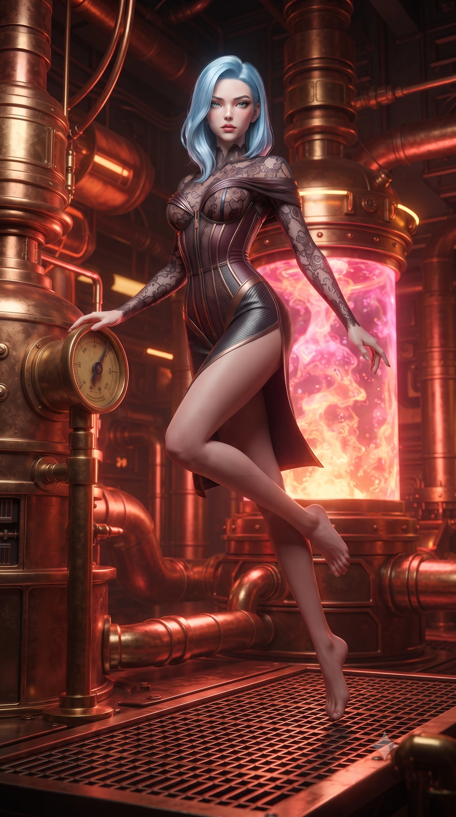 score_9, masterpiece, best quality, ultra-detailed, high-budget anime keyframe, editorial fashion photography, tasteful artistic composition, Korean woman. low angle full-body shot from head to toe showing her feet, filling the entire 9:16 vertical frame with her statuesque presence, stretching her vertical silhouette. leaping gracefully through the environment with statuesque elegance and long slender legs adjusting a brass pressure dial inside a retro-futuristic power foundry, boiling liquid aurora energy radiating intense hot pink and orange light. She has an absolutely perfect, statuesque 8.5-heads proportion, an exceptionally tall and slender model-like female figure with impossibly long slender legs and an ultra-slim waist. sharp v-shaped jawline, high-bridge nose, intricate jewel-like eyes with depth, thick eyelashes, glossy lips with a natural sheen. wearing a sheer dark lace pattern bodysuit with structured corsetry boning in deep burgundy and bronze, made of fine carbon-fiber weave and soft matte leather, finished with a sleek side slit ascending to mid-thigh, the elegant draped fit framing her graceful clavicle and slender torso. surrounded by a warm, powerful industrial fantasy atmosphere. ultra-reflective glossy finish, specular highlights, metallic sheen, high-contrast stereoscopic depth, volumetric dynamic lighting, 2k, ultra detail, master piece, 9:16 ratio