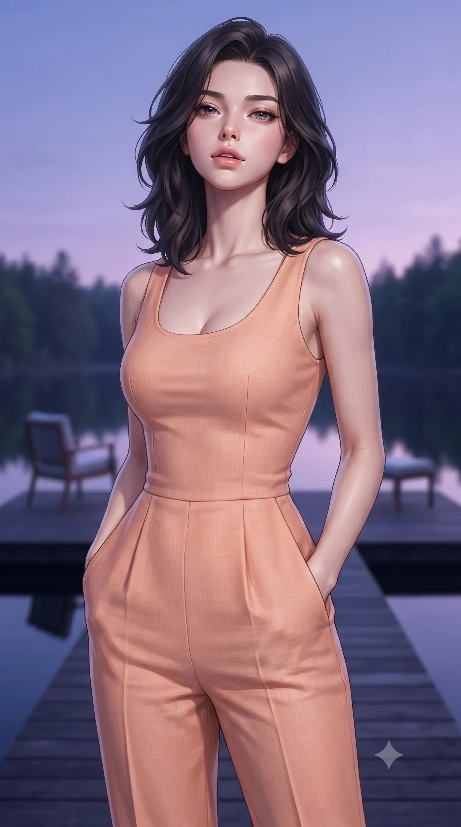 score_9, masterpiece, best quality, ultra-detailed, high-budget anime keyframe, editorial fashion photography, tasteful artistic composition, Korean woman woman. close-up cowboy shot from the waist and thighs up, the character dominates the composition, filling the frame with her large presence, background elements kept in soft focus. tilting her chin up slightly with lips parted in a composed, provocative expression the background shows a soft-focus a simple dark wood deck extending over a calm forest lake, with two chairs. She has an exceptionally elegant, slender, and willowy female figure with an ultra-slim waist, a gracefully sculpted slender torso, and a refined silhouette. sharp v-shaped jawline, high-bridge nose, intricate jewel-like eyes with depth, thick eyelashes, glossy lips with a natural sheen. wearing a form-contouring modern linen jumpsuit in soft peach, featuring a comfortable scoop neckline and side pockets. the serene purple and blue hues of twilight reflecting on the still water. ultra-reflective glossy finish, specular highlights, metallic sheen, high-contrast stereoscopic depth, volumetric dynamic lighting, 2k, ultra detail, master piece, 9:16 ratio