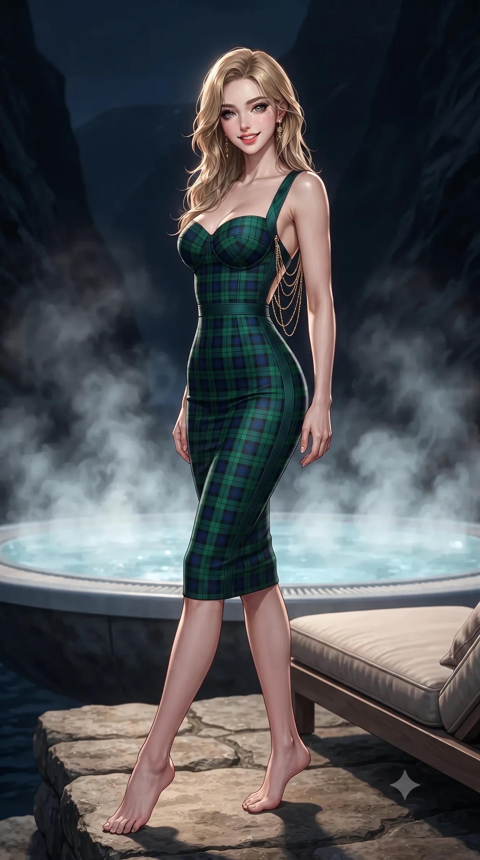 score_9, masterpiece, best quality, ultra-detailed, high-budget anime keyframe, editorial fashion photography, tasteful artistic composition, Korean woman. low angle full-body shot from head to toe showing her feet, filling the entire 9:16 vertical frame with her statuesque presence, stretching her vertical silhouette. reclining gracefully across the plush chaise lounge with one leg extended, her sculpted silhouette and flat midriff radiating magnetic nocturnal glamour while standing poised on the natural stone ledge beside the steaming infinity hot tub suspended above the impossibly narrow Trollfjord entrance, arching her spine with wet-look siren charisma. The background shows a soft-focus billowing thermal hot tub steam softened in dramatic Nordic canyon hideaway shallow focus. She has an exceptionally tall and slender model-like 8.5-heads proportion, an ultra-slim waist, a flat toned midriff, narrow delicate ribcage, and beautifully sculpted feminine hips creating a graceful, slim hourglass silhouette without any bulky heaviness, with impossibly long slender legs. sharp v-shaped jawline, high-bridge nose, intricate jewel-like sparkling eyes with depth, thick eyelashes, glossy parted lips with a natural peach sheen, bright cheerful beaming smile with an enchanting and coquettish sensual glint, exuding both youthful cute charm and seductive allure, flawlessly proportioned anatomical accuracy, strict slender model proportions, natural body alignment, perfectly sculpted long slender limbs, ultra-slim waistline, clean dynamic posture without body distortion. wearing a dense bandage knit pencil dress with sweetheart neckline contouring her delicate ribcage and hips in Balmoral royal tartan emerald and gilded brass, made of fluid liquid jersey with seamless sculpting hold and smooth contours, accented with an open-back drape framed by falling strands of delicate gold chains, the form-contouring silhouette accentuating her sculpted flat midriff, narrow delicate ribcage, and gracefully curvy hips with intoxicating allure. illuminated by pool water specular bounce and sharp platinum-cyan rim lights defining her dewy collarbones, ultra-slim waist, and curvy hips. ultra-reflective glossy finish, specular highlights, rich textural contrasts, high-contrast stereoscopic depth, volumetric dynamic lighting, 2k, ultra detail, master piece, 9:16 ratio