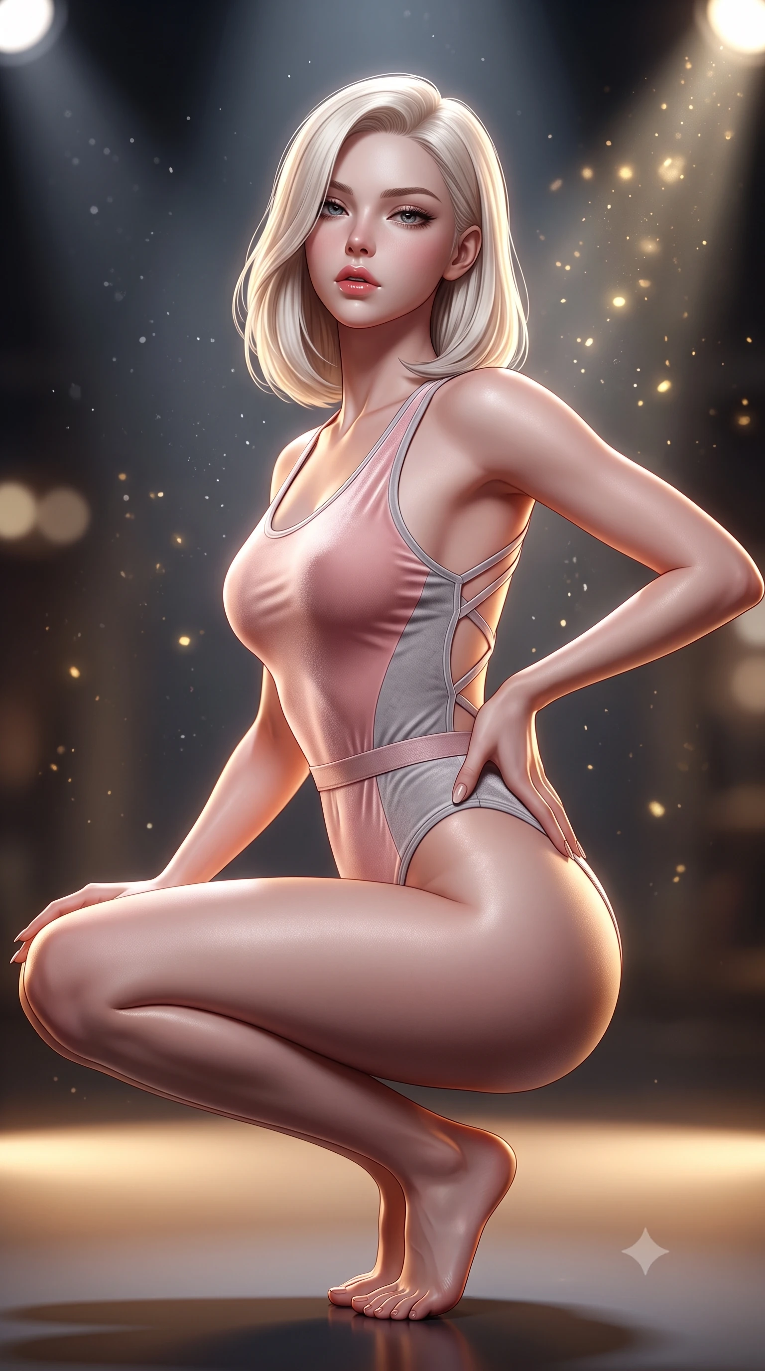 score_9, masterpiece, best quality, ultra-detailed, high-budget anime keyframe, semi-realistic 3D game render, editorial fashion photography, tasteful artistic composition, Caucasian woman. close-up cowboy shot from the waist and thighs up, the character dominates the composition, filling the frame with her large presence. resting one manicured hand delicately on her hip bone, her upper body turning in a fluid, seductive S-curve while parted lips glisten in the light while crouching in a low, balanced dancer plié on the reflective floor, her athletic feminine curves and toned hips creating a breathtaking line. The composition keeps background elements in soft focus with creamy bokeh. floating micro-chalk particles and spotlight beams scattering luminous golden light motes. She has an exceptionally elegant, slender, and willowy female figure with an ultra-slim waist, a gracefully sculpted slender torso, toned flat midriff, and rounded feminine hips creating an alluring hourglass silhouette. sharp v-shaped jawline, high-bridge nose, intricate jewel-like eyes with depth, thick eyelashes, glossy parted lips with a natural sheen, intensely captivating and seductive bedroom-eyes expression, flawlessly proportioned anatomical accuracy, strict slender model proportions, natural body alignment, perfectly sculpted long slender limbs, ultra-slim waistline, clean dynamic posture without body distortion. wearing a modern athletic monokini leotard with criss-cross back harness straps and high-hip cut in ballet blush pink and soft heather grey, made of flexible stretch velvet with rich specular luster, finished with a thin elastic waist band emphasizing her ultra-slim midriff, the glove-like aerodynamic silhouette tightly following the natural contour of her hips and long slender legs with statuesque precision. bathed in warm floor-level uplighting and dramatic overhead theatrical spotlights. highly saturated vibrant anime colors, detailed shading with soft gradients, rich glossy textures, high-contrast stereoscopic depth, volumetric dynamic lighting, master piece, 9:16 ratio