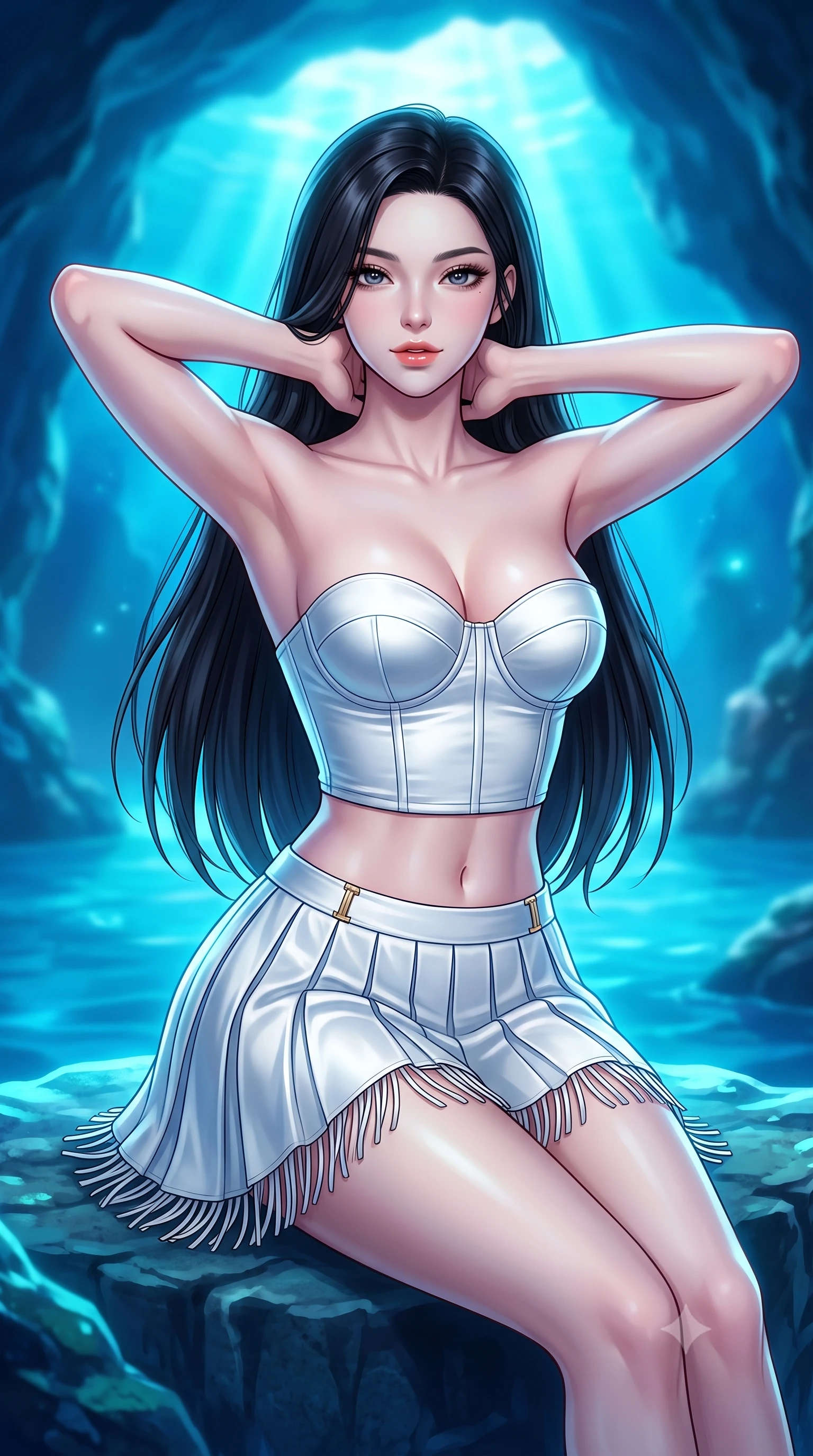 score_9, masterpiece, best quality, ultra-detailed, high-budget anime keyframe, semi-realistic 3D game render, editorial fashion photography, tasteful artistic composition, Korean woman. close-up cowboy shot from the waist and thighs up, the character dominates the composition, filling the frame with her large presence. resting both hands lightly behind her neck with elbows raised, arching her spine to highlight her narrow waist, flat midriff, and breathtaking collarbones while sitting on the submerged limestone rock ledge inside the luminous sea cave, arching her back with breathtaking sea-nymph siren grace. The background shows a soft-focus grotto entrance ripples softened in mysterious maritime subterranean shallow focus. She has an exceptionally elegant, slender, and willowy female figure with an ultra-slim waist, flat toned midriff, narrow ribcage, and sculpted feminine hips creating an alluring, slim hourglass silhouette without bulk. sharp v-shaped jawline, high-bridge nose, sparkling eyes with hypnotic seductive depth, thick curled eyelashes, glossy parted lips with a natural dewy peach sheen, alluring bedroom-eyes with an enchanting coquettish smile, exuding magnetic siren charisma and sophisticated glamour, flawlessly proportioned anatomical accuracy, strict slender model proportions, natural body alignment, perfectly sculpted long slender limbs, ultra-slim waistline, clean dynamic posture without body distortion. wearing a strapless boned satin bustier paired with a micro-pleated tennis-style resort skirt framing her hourglass hips in high-contrast coastal monochrome with gold hardware, crafted from fluid liquid silk satin that clings smoothly to every curve with a dewy sheen, finished with a delicate leather fringe trim fluttering along her hip line with kinetic charm, the glove-like clinging cut tightly following the natural contour of her hips and long slender legs with youthful 8.5-heads elegance. bathed in ethereal glowing cobalt-and-cyan light radiating upward through the submerged cave opening. highly saturated vibrant anime colors, detailed shading with soft gradients, rich glossy textures, high-contrast stereoscopic depth, volumetric dynamic lighting, master piece, 9:16 ratio