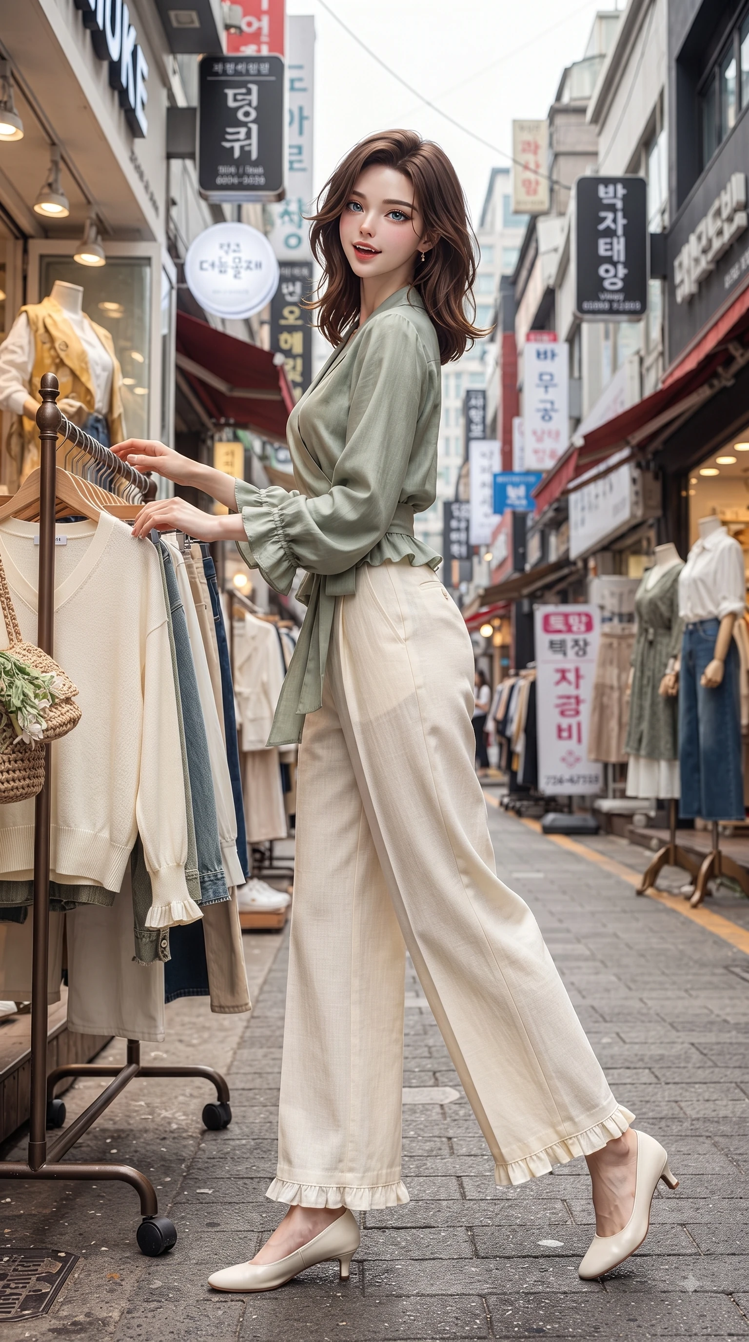 score_9, masterpiece, best quality, ultra-detailed, high-budget anime keyframe, editorial fashion photography, tasteful artistic composition, Korean woman. low angle full-body shot from head to toe showing her feet, filling the entire 9:16 vertical frame with her statuesque presence, stretching her vertical silhouette. stepping forward gracefully in mid-motion with a delighted cute expression, displaying her statuesque model proportions while browsing outdoor vintage clothing racks with a bright, playful expression looking back at the camera. The surrounding environment is rendered in vivid detail and crisp panoramic clarity. intricate fashion window displays, trendy signage, and urban street textures in deep focus. She has an absolutely perfect, statuesque 8.5-heads proportion, an exceptionally tall and slender model-like female figure with impossibly long slender legs and an ultra-slim waist. sharp v-shaped jawline, high-bridge nose, intricate jewel-like eyes with depth, thick eyelashes, glossy lips with a natural sheen, flawlessly proportioned anatomical accuracy, natural body alignment, perfectly sculpted elegant limbs, clean dynamic posture without body distortion. wearing an elegant sage green wrap blouse with wide-leg cream linen trousers in bright butter yellow and fresh cream white, crafted from soft breathable linen, finished with subtle ruffle trims and delicate pearl buttons, the soft airy drape swaying gracefully with her dynamic movements. surrounded by a trendy, youthful, and energetic fashion street aura. ultra-reflective glossy finish, specular highlights, metallic sheen, high-contrast stereoscopic depth, volumetric dynamic lighting, 2k, ultra detail, master piece, 9:16 ratio