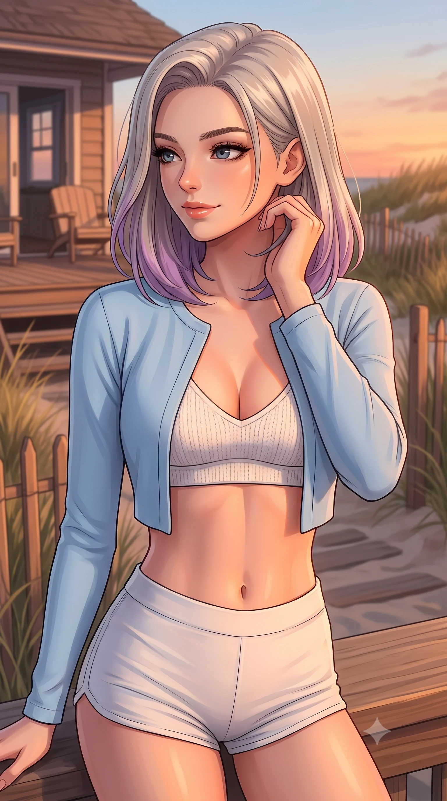 score_9, masterpiece, best quality, ultra-detailed, high-budget anime keyframe, editorial fashion photography, tasteful artistic composition, Caucasian woman woman. close-up cowboy shot from the waist and thighs up, the character dominates the composition, filling the frame with her large presence, background elements kept in soft focus. resting her chin on her hand, looking out at the beautiful scenery with a soft smile the background shows a soft-focus a cozy wooden deck of a beachside cottage, surrounded by beachgrass and wooden fences. She has an exceptionally elegant, slender, and willowy female figure with an ultra-slim waist, a gracefully sculpted slender torso, and a refined silhouette. sharp v-shaped jawline, high-bridge nose, intricate jewel-like eyes with depth, thick eyelashes, glossy lips with a natural sheen. wearing a tailored cropped open-front cardigan in baby blue, worn over a knit bra top and high-waisted micro-shorts. warm sunset light casting a peaceful, cozy orange wash on her figure. 2k, ultra detail, master piece, 9:16 ratio