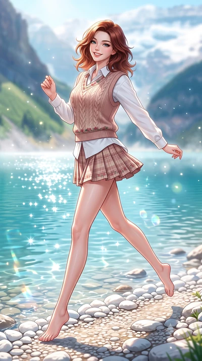 score_9, masterpiece, best quality, ultra-detailed, high-budget anime keyframe, semi-realistic 3D game render, editorial fashion photography, tasteful artistic composition, Korean woman. low angle full-body shot from head to toe showing her feet, fil