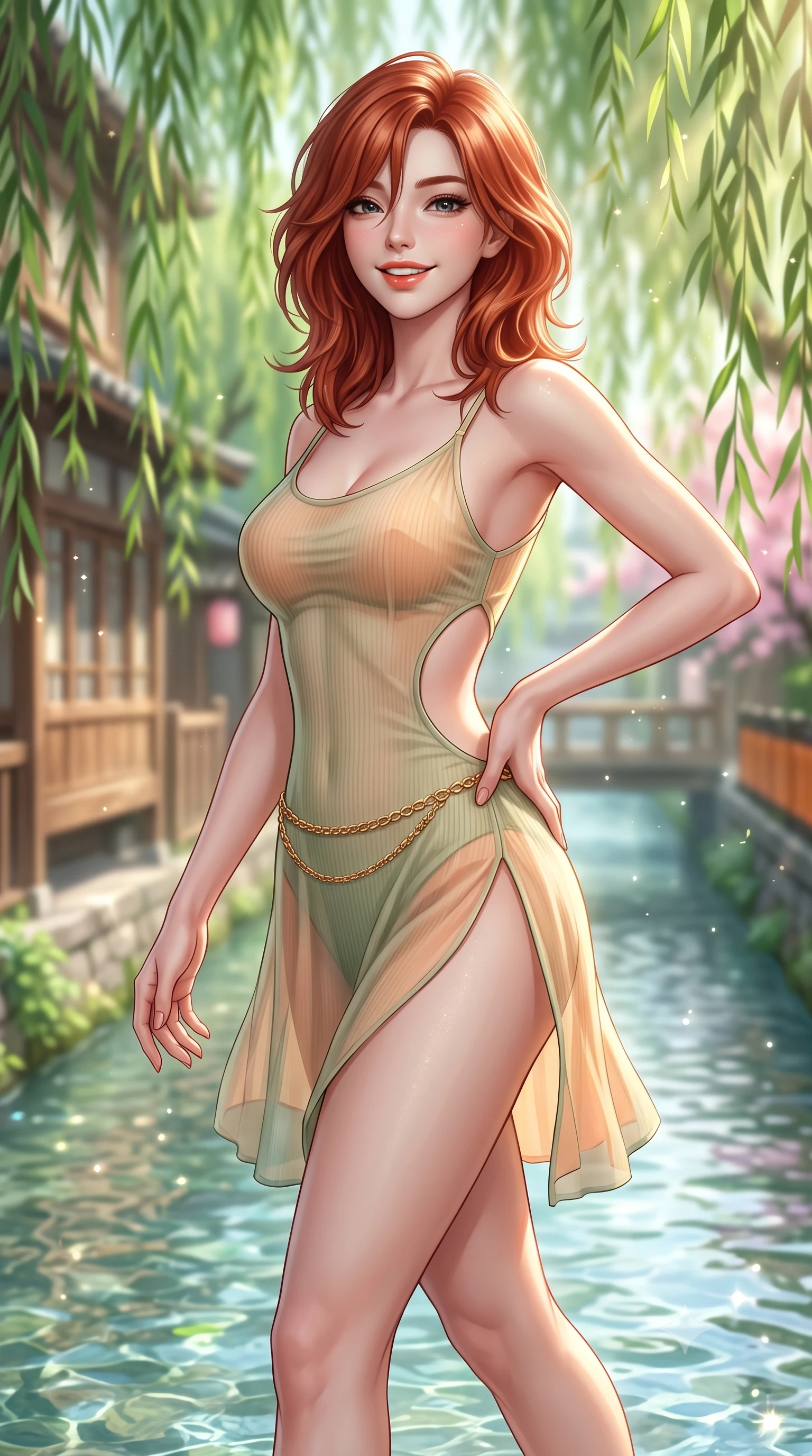 score_9, masterpiece, best quality, ultra-detailed, high-budget anime keyframe, semi-realistic 3D game render, editorial fashion photography, tasteful artistic composition, Korean woman. close-up cowboy shot from the waist and thighs up, the character dominates the composition, filling the frame with her large presence. twisting her slender torso in an alluring contrapposto stance, one hand resting on her sculpted hip while flashing a radiant, playful smile with parted glossy lips while walking dynamically along the crystal-clear shallow canal, her form-hugging outfit accentuating her narrow waist and curvy hips in the gentle breeze. The composition keeps background elements in soft focus with dreamy creamy bokeh. swaying emerald weeping willow branches and historic wooden teahouse facades blurred into soft jade, amber, and cherry blossom bokeh. She has an exceptionally elegant, slender, and willowy female figure with an ultra-slim waist, flat toned midriff, narrow ribcage, and sculpted feminine hips creating an alluring, slim hourglass silhouette without bulk. sharp v-shaped jawline, high-bridge nose, intricate jewel-like sparkling eyes with depth, thick eyelashes, glossy parted lips with a natural peach sheen, bright cheerful beaming smile with an enchanting and coquettish sensual glint, exuding both youthful cute charm and seductive allure, flawlessly proportioned anatomical accuracy, strict slender model proportions, natural body alignment, perfectly sculpted long slender limbs, ultra-slim waistline, clean dynamic posture without body distortion. wearing a delicate semi-sheer chiffon sun-slip dress layered over a matching pastel bralette, hugging her slender waist and hips in soft apricot and sage green, formed from supple second-skin stretch ribbed knit clinging to her form, accented with a delicate gold chain belt resting loosely on her curvy hips, the precision-cut side openings and low-back scoop framing her graceful spine and the sensual sweep of her slim, toned hips. bathed in soft, sparkling morning sunbeams filtering through willow fronds onto the canal. highly saturated vibrant anime colors, detailed shading with soft gradients, rich glossy textures, high-contrast stereoscopic depth, volumetric dynamic lighting, master piece, 9:16 ratio