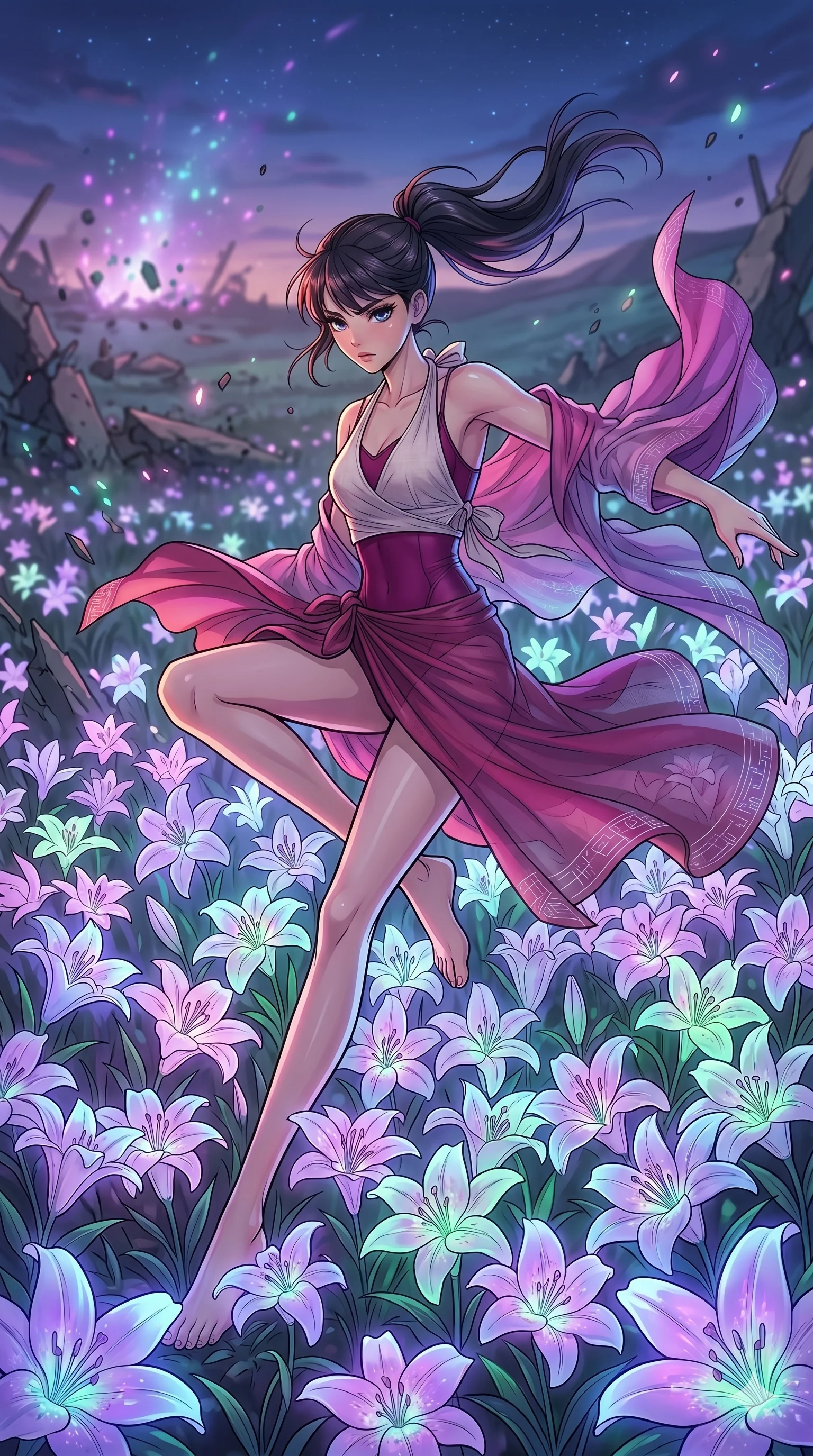 score_9, masterpiece, best quality, ultra-detailed, high-budget anime movie keyframe, cinematic anime lighting, intricate line art, Japanese woman. Low angle cowboy shot capturing a powerful motion and statuesque presence. collapsing onto a bed of glowing lilies after a magical battle. She has an absolutely perfect 8-heads proportion, an exceptionally tall and slender female figure with graceful and slender proportions. strictly human anatomy, two legs only, no extra limbs, clearly defined legs and arms, perfect anatomy, perfect hands and fingers. sharp v-shaped jawline, high-bridge nose, intricate jewel-like eyes, thick eyelashes, glossy lips. Wearing Seasonal/Resort: Elegant one-piece with sarong, linen sundress with tie-back, and light fabric wrap. The scene is illuminated by dramatic atmospheric lighting and vibrant color palettes. , 2k, ultra detail, master piece, 9:16 ratio